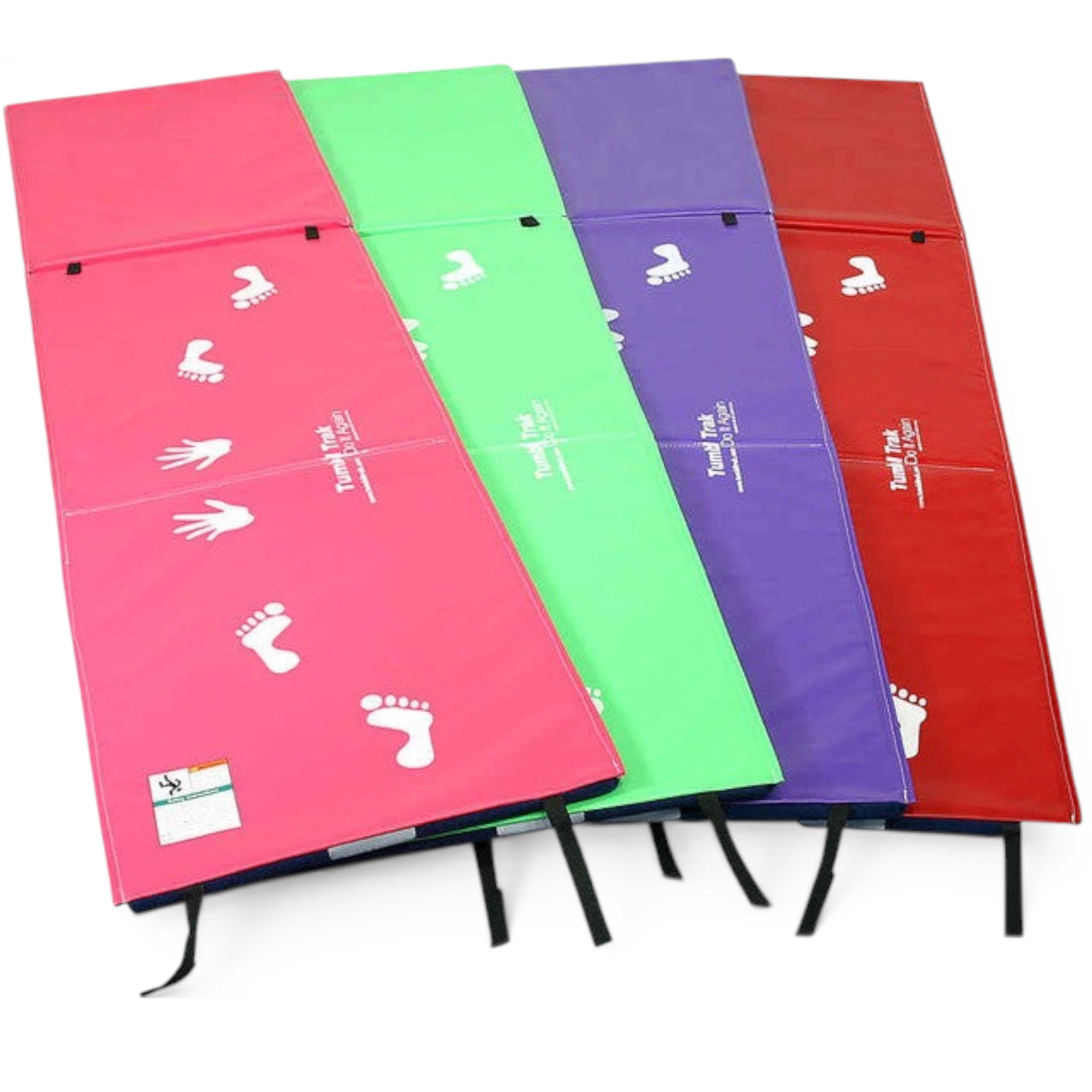 UK Gym Pits handstand homework mats in pink, green, purple, and red vinyl with cartwheel hand and foot prints.