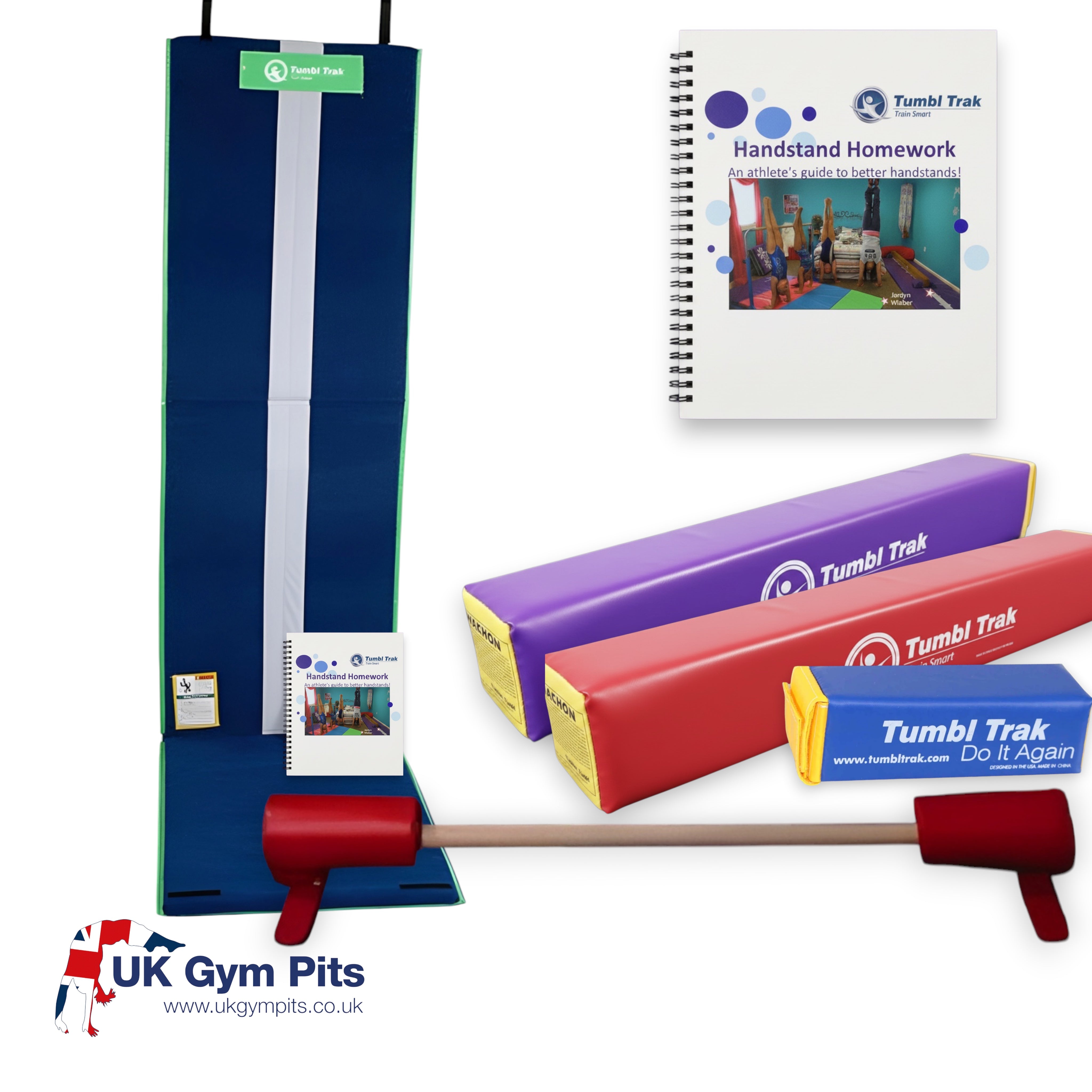 UK Gym Pits Handstand Homework Package 3 with training mat, workbook, fun sticks, and floor bar for gymnastics practice.