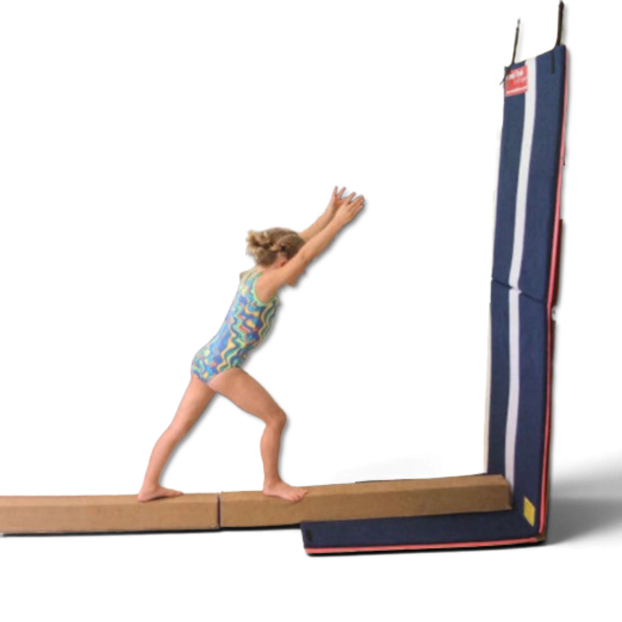Young gymnast practicing on a UK Gym Pits handstand homework mat and fun stick training system against a wall