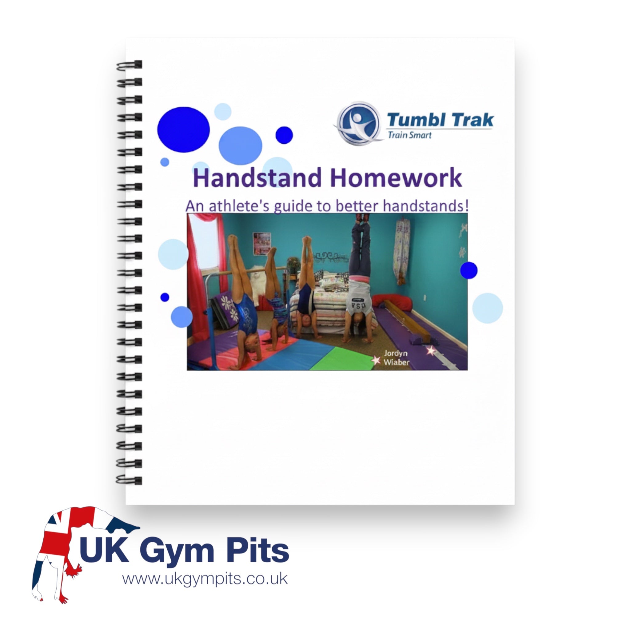 UK Gym Pits Handstand Homework spiral-bound workbook for gymnasts featuring handstand technique photos and activities.