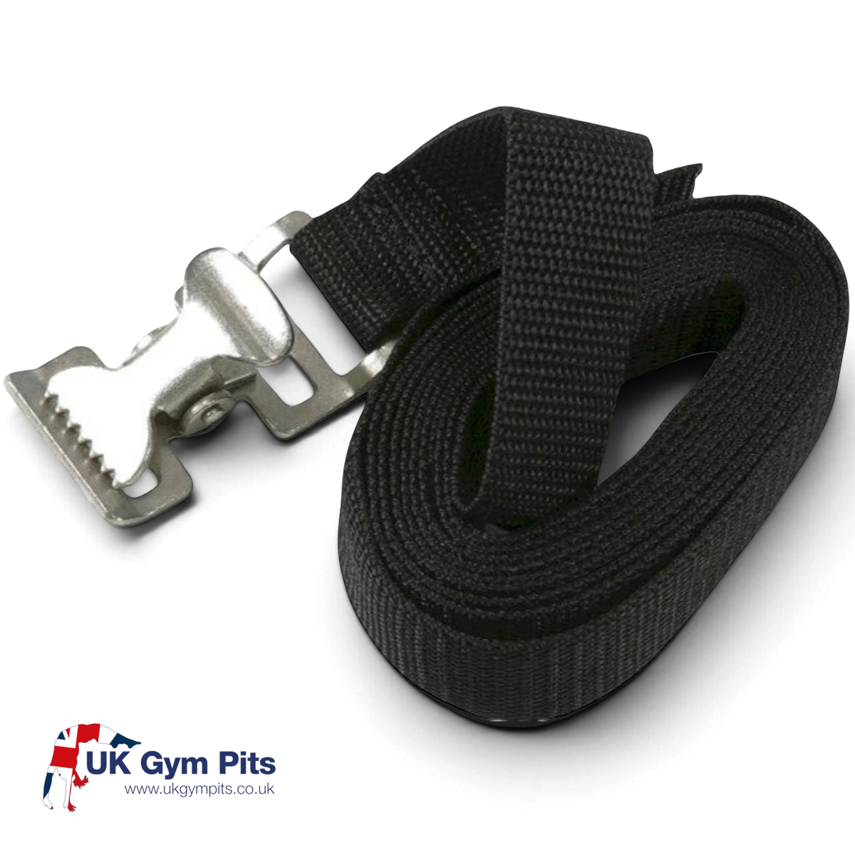 UK Gym Pits heavy duty black webbing cinch strap with a durable metal clasp for securing rolled gym mats