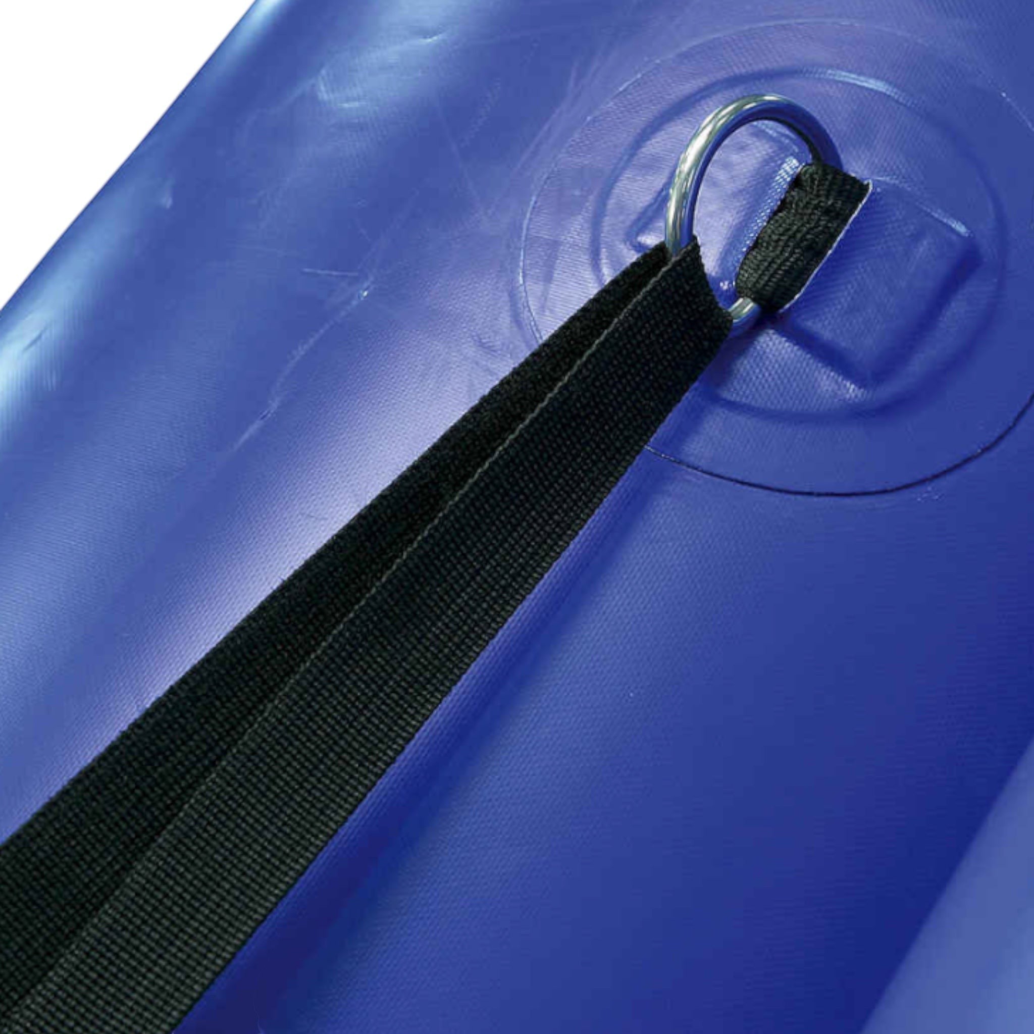 UK Gym Pits heavy duty black webbing cinch strap attached to a blue roll out gym mat with a metal D-ring clasp