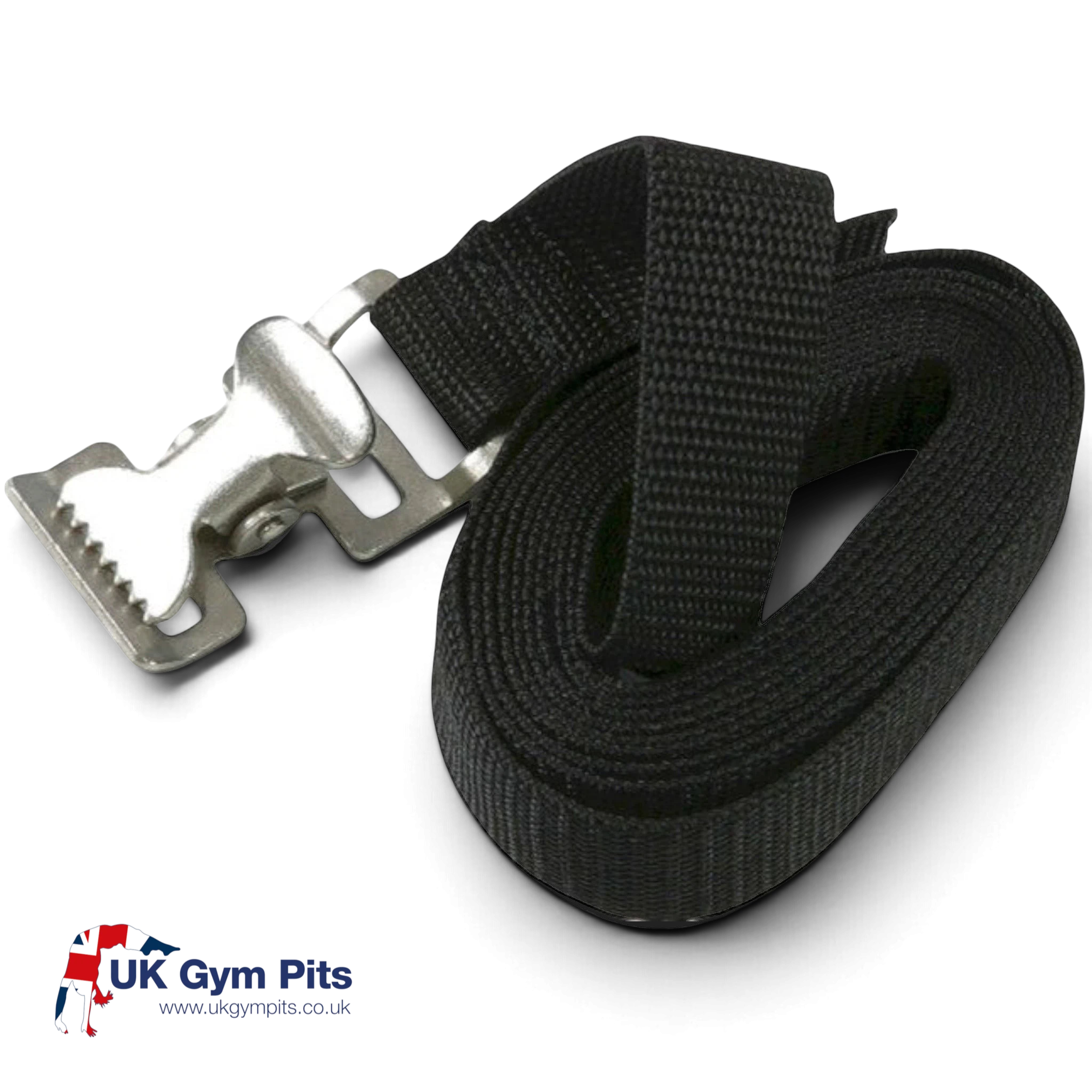 UK Gym Pits heavy duty black webbing cinch strap with a durable metal clasp for securing rolled gym mats