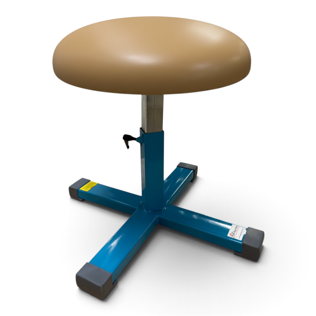 UK Gym Pits Gaofei height adjustable gymnastics training mushroom with a tan leatherette top and blue steel base.