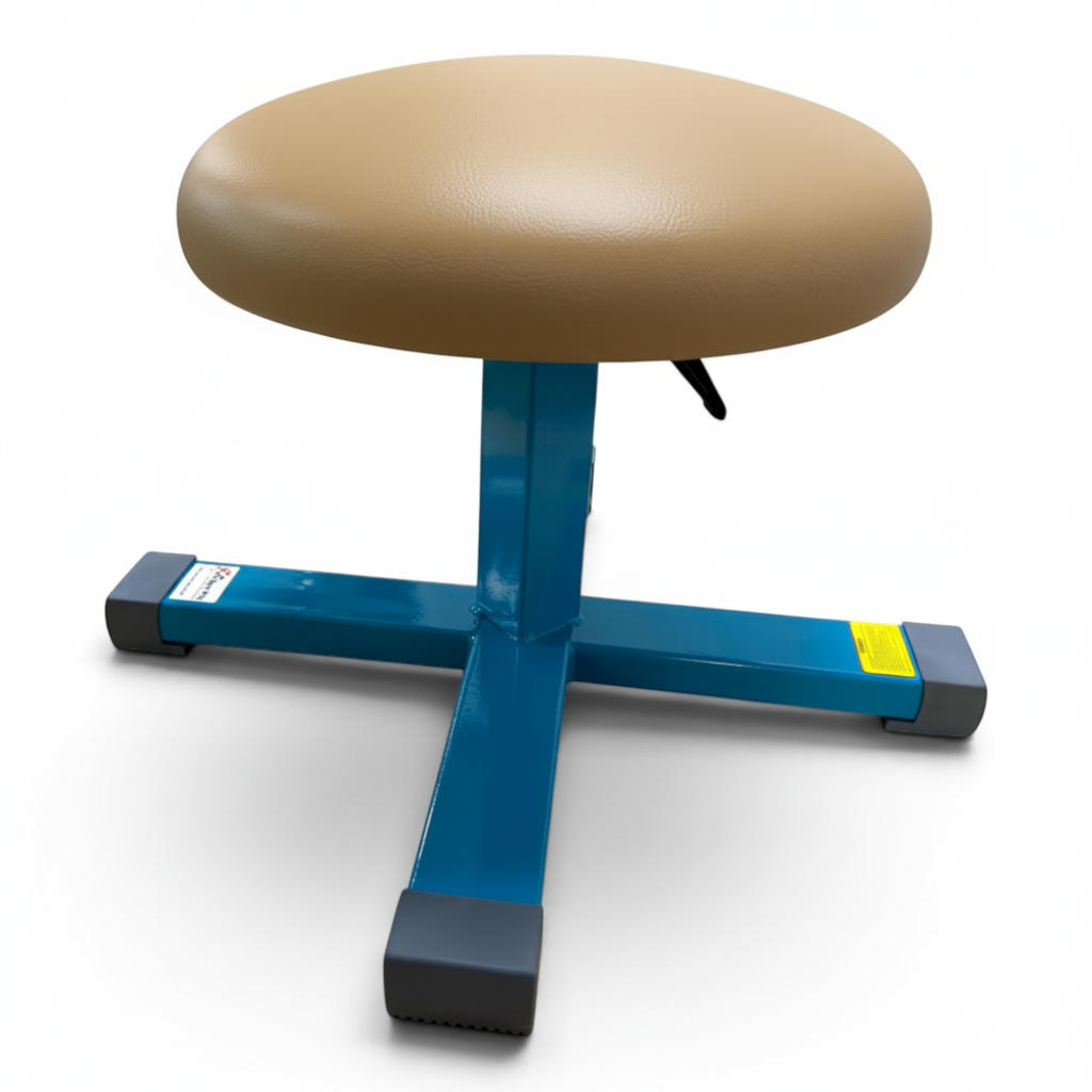 UK Gym Pits Gaofei height adjustable gymnastics training mushroom with a tan PU leatherette top and blue steel base.