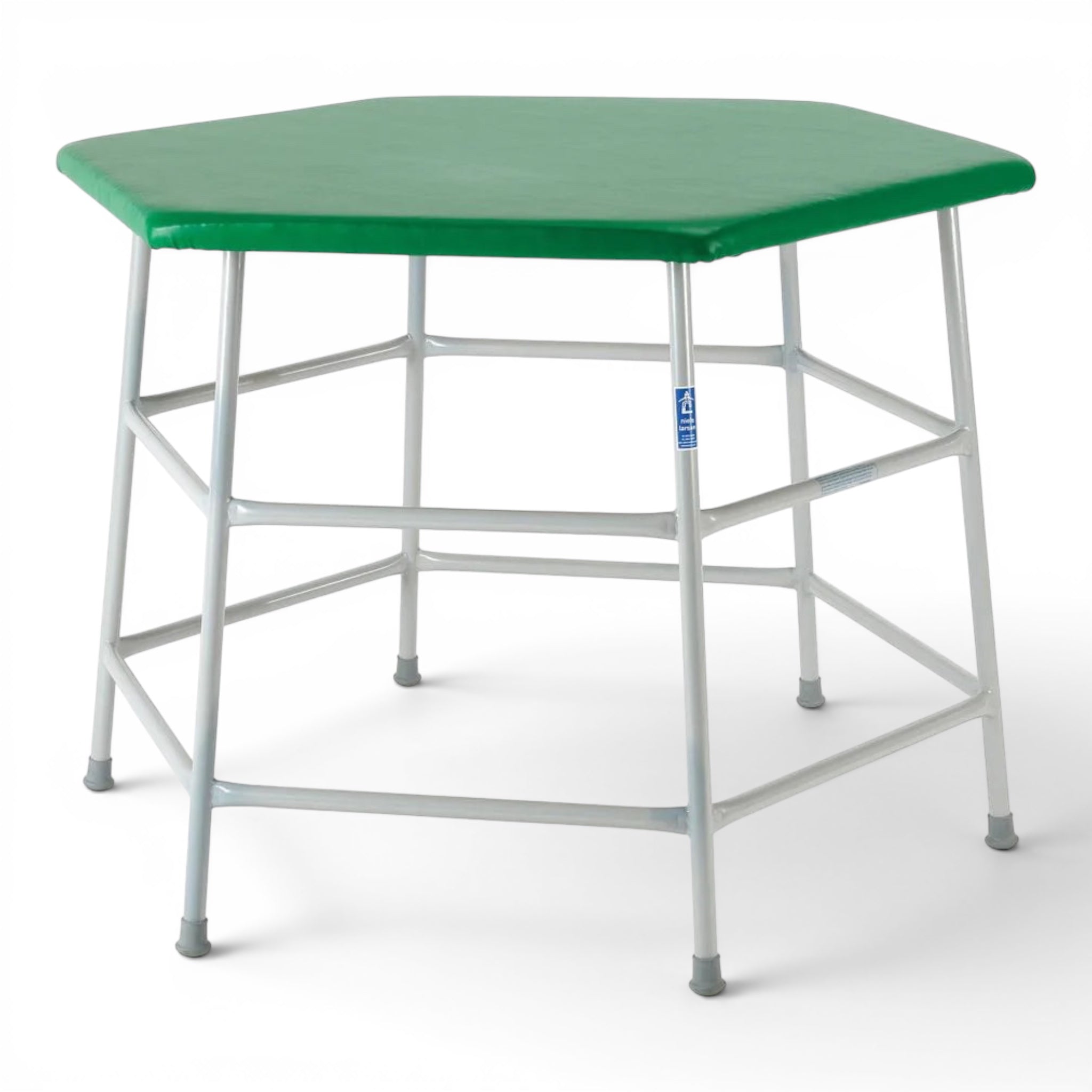 UK Gym Pits hexagonal movement table with a green padded PVC top and a robust grey powder coated steel frame.