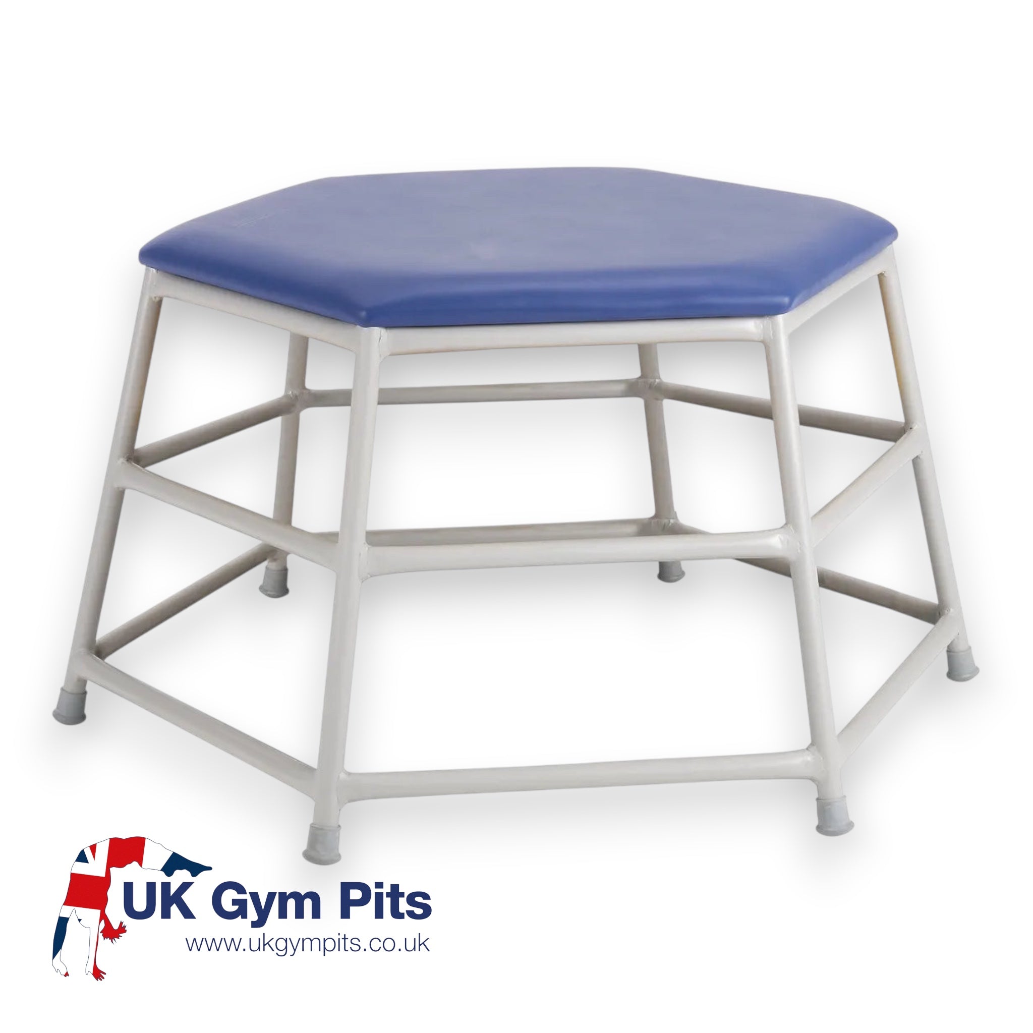 UK Gym Pits Lita hexagonal movement table with a blue padded PVC top and silver powder-coated aluminium frame.