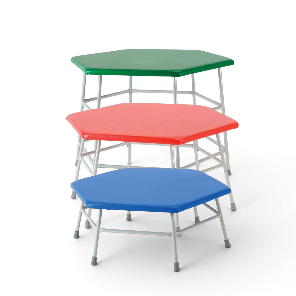 UK Gym Pits hexagonal movement tables with padded PVC tops in blue, red, and green on grey tubular steel frames.