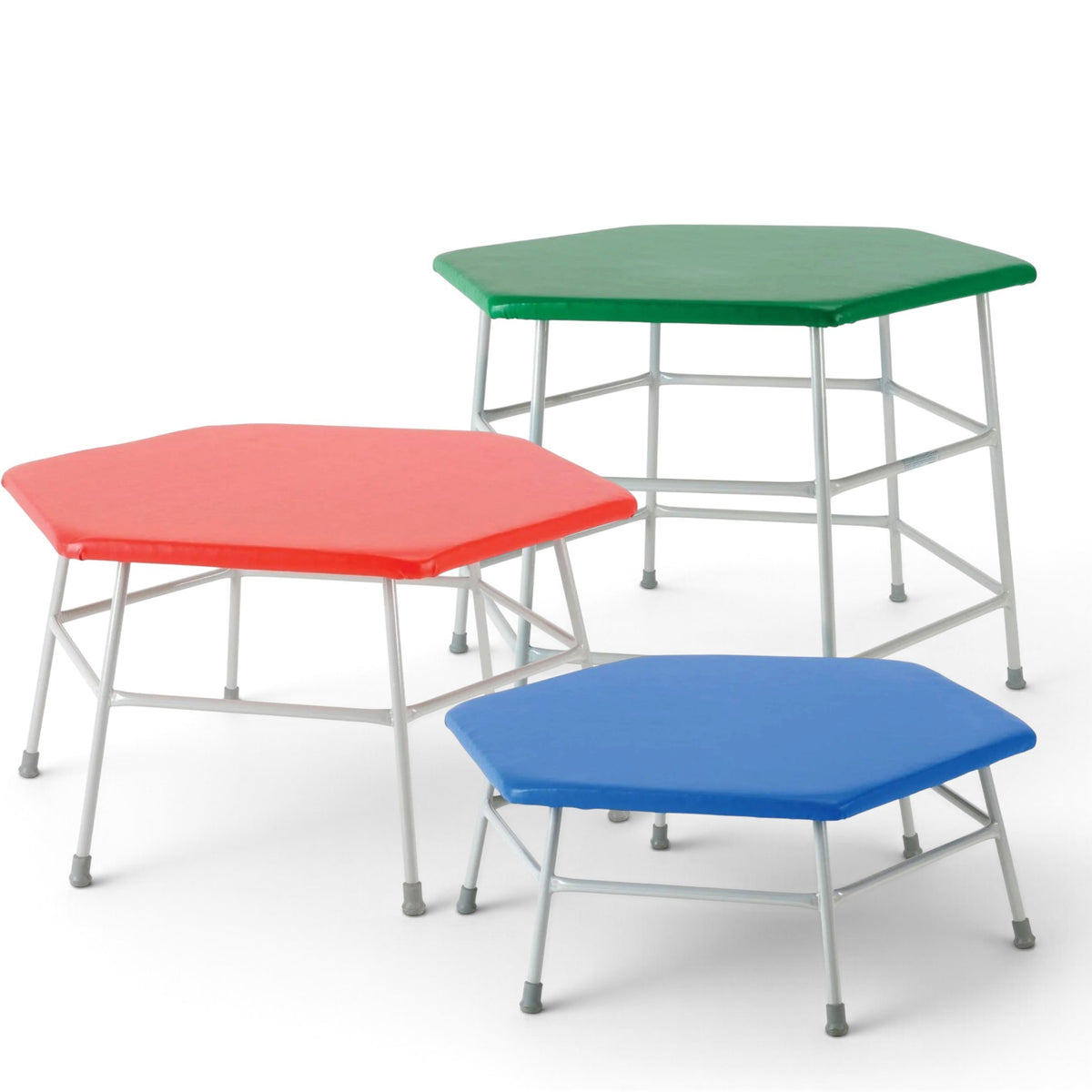 UK Gym Pits set of three hexagonal movement tables with grey steel frames and red, blue, and green padded PVC tops.