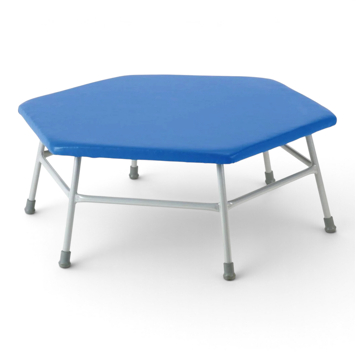 UK Gym Pits blue hexagonal movement table with a padded PVC top and grey tubular steel frame for agility training.