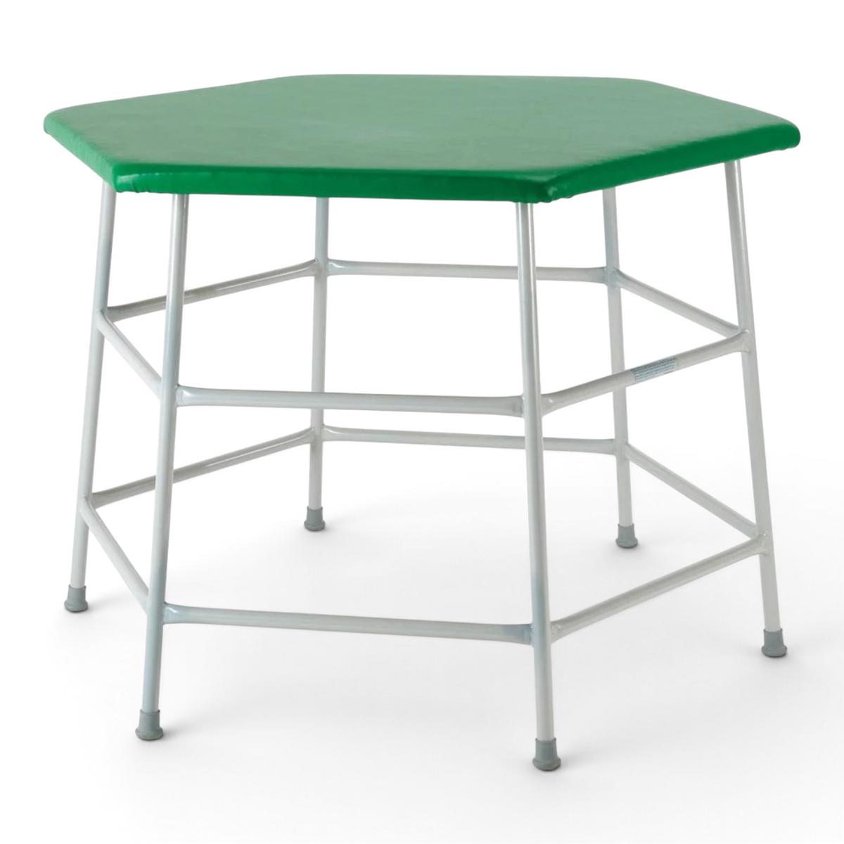 UK Gym Pits hexagonal movement table with a green padded PVC top and a grey powder-coated tubular steel frame.