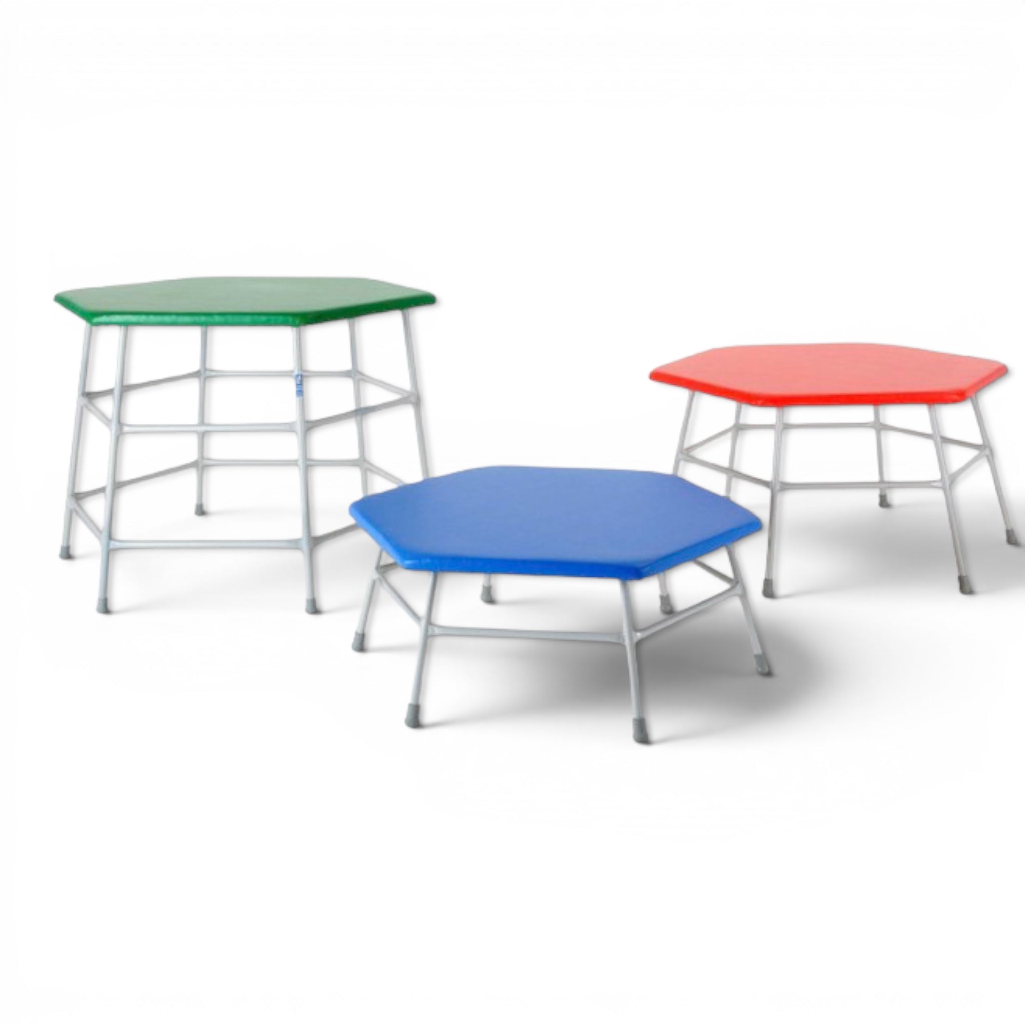 UK Gym Pits set of three hexagonal movement tables with padded PVC tops in blue, red, and green on grey steel frames.