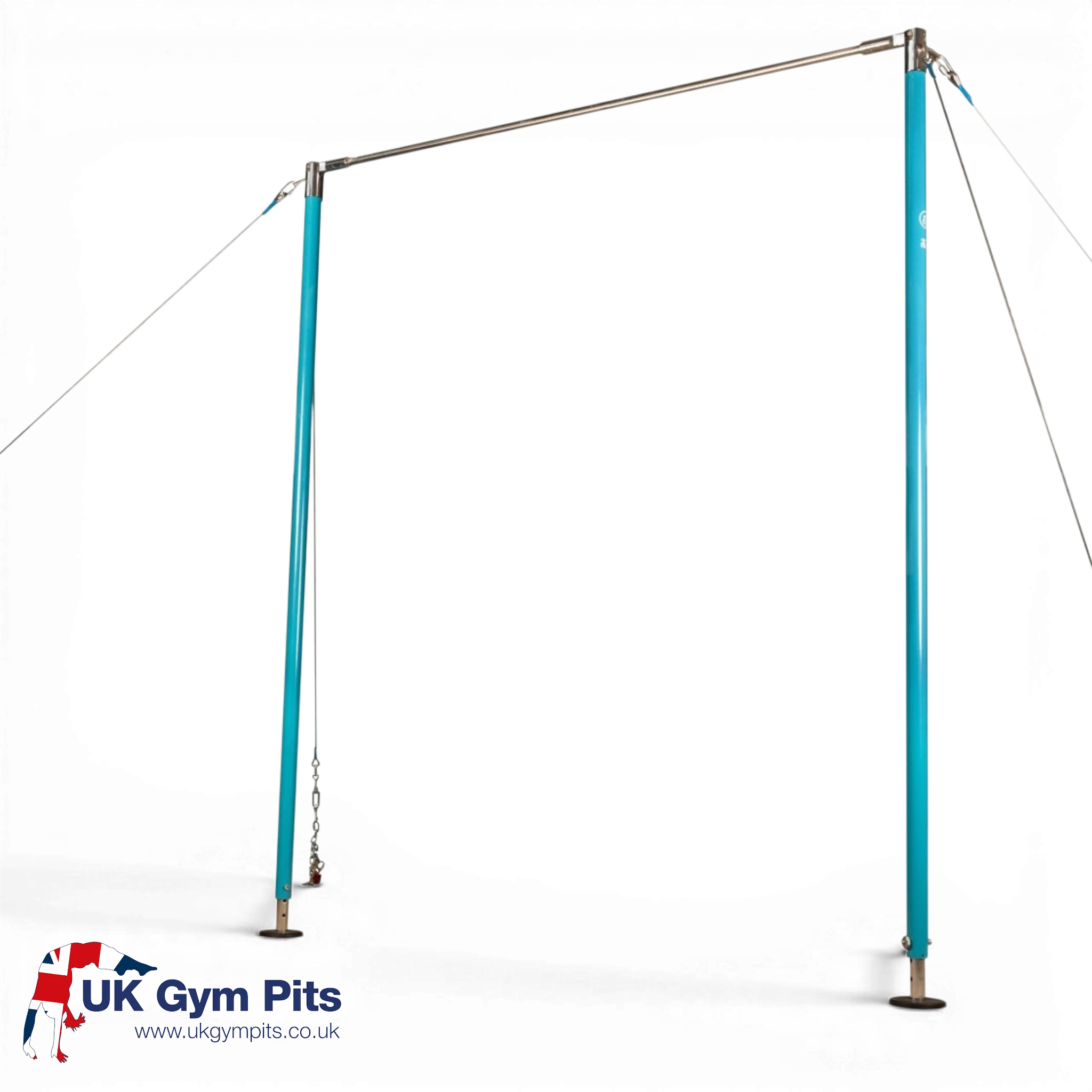 UK Gym Pits FIG approved high bar with a stainless steel handrail and blue powder-coated steel support frame