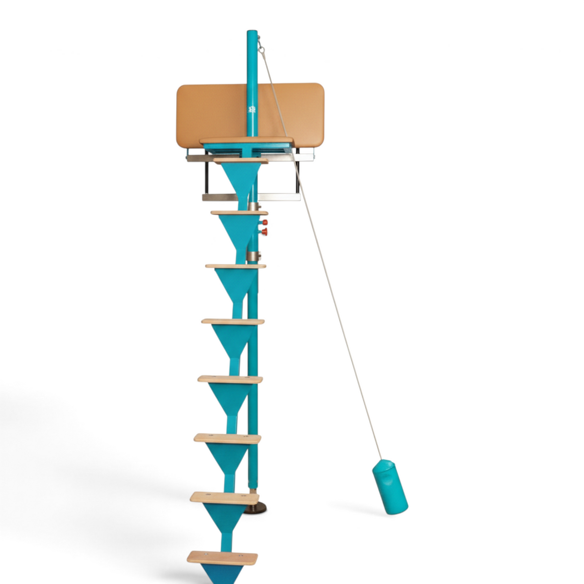 UK Gym Pits Gaofei high bar spotting platform with a teal steel frame, wooden steps, and a safety counterweight.
