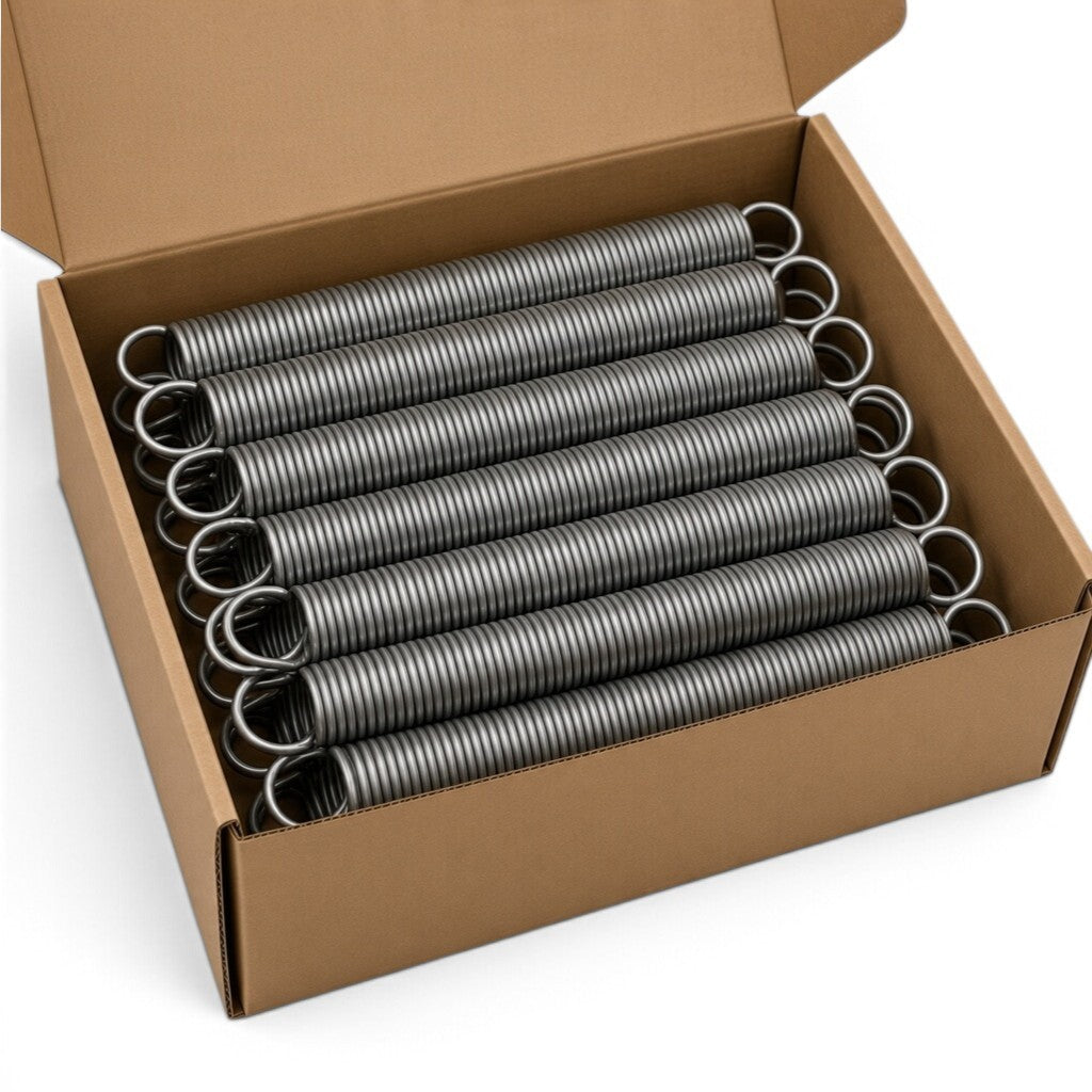 UK Gym Pits high tensile steel replacement springs for double mini trampolines packed in a cardboard box