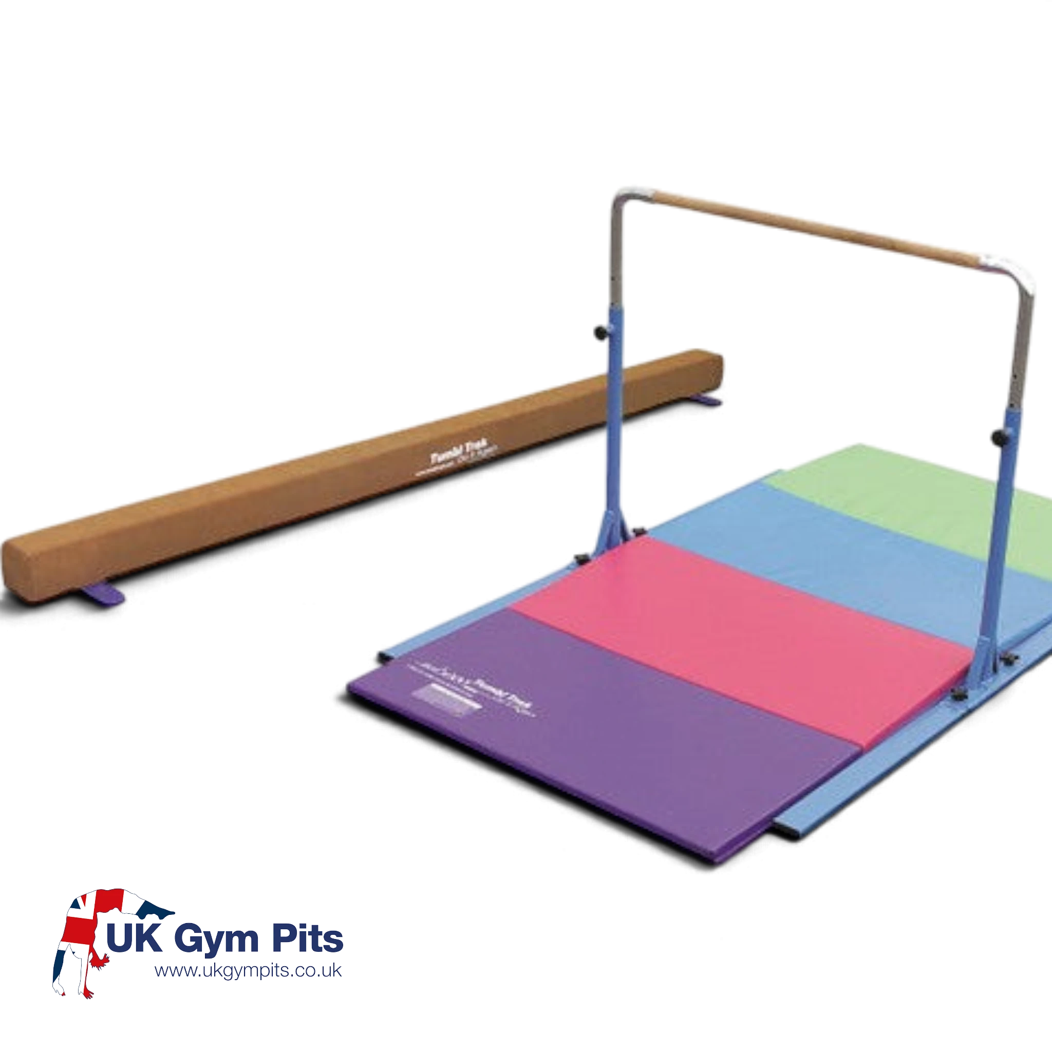 UK Gym Pits home gym essentials package with junior bar, suede balance beam, and multi-coloured folding tumbling mat