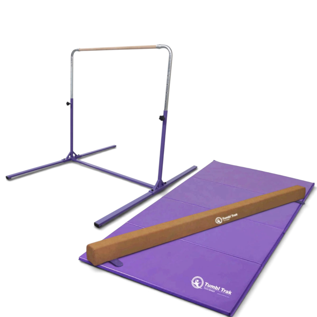 UK Gym Pits home gym essentials package featuring a purple kip bar, suede balance beam, and folding tumbling mat.
