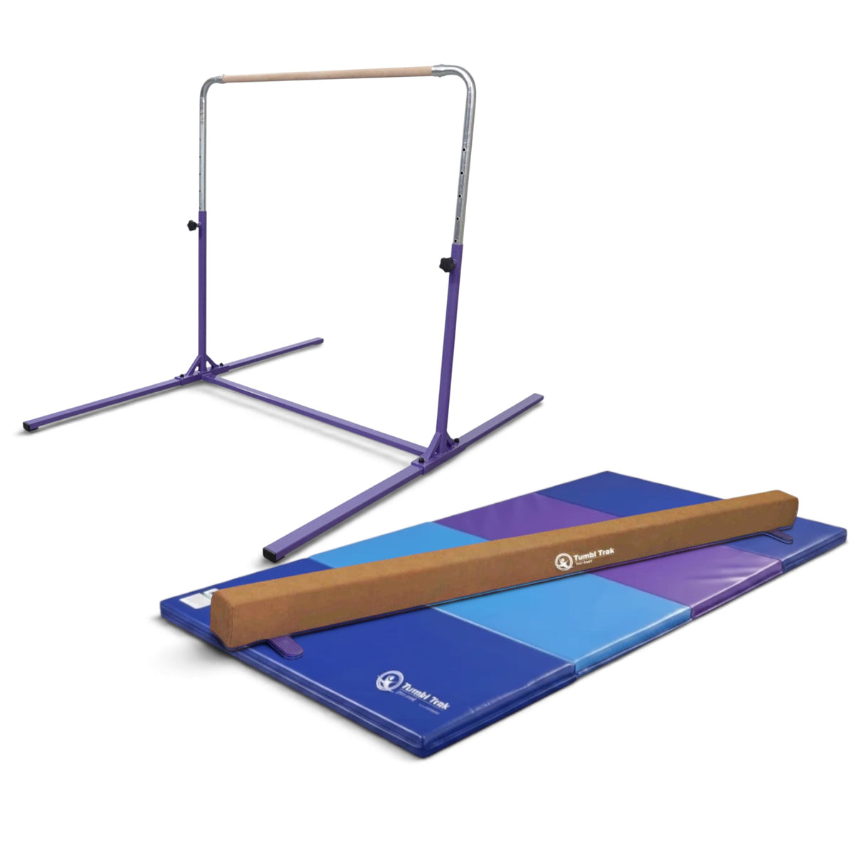 UK Gym Pits home gym essentials package featuring a purple kip bar, synthetic suede balance beam, and folding mat.