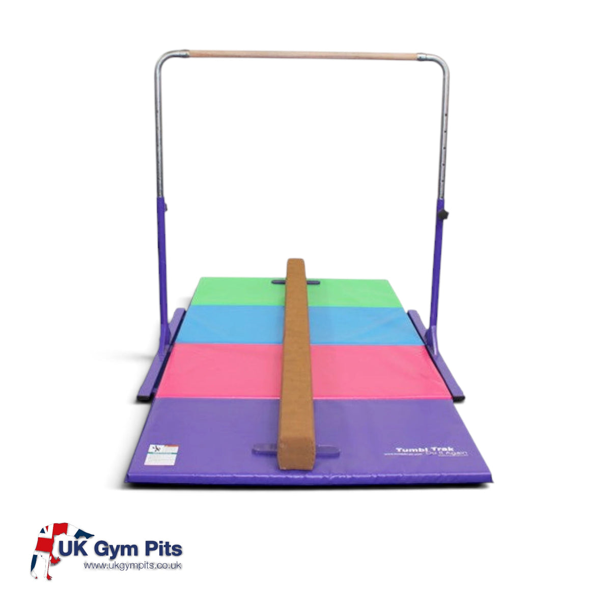 UK Gym Pits home gym essentials package with a purple kip bar, suede balance beam, and multi-coloured folding mat.
