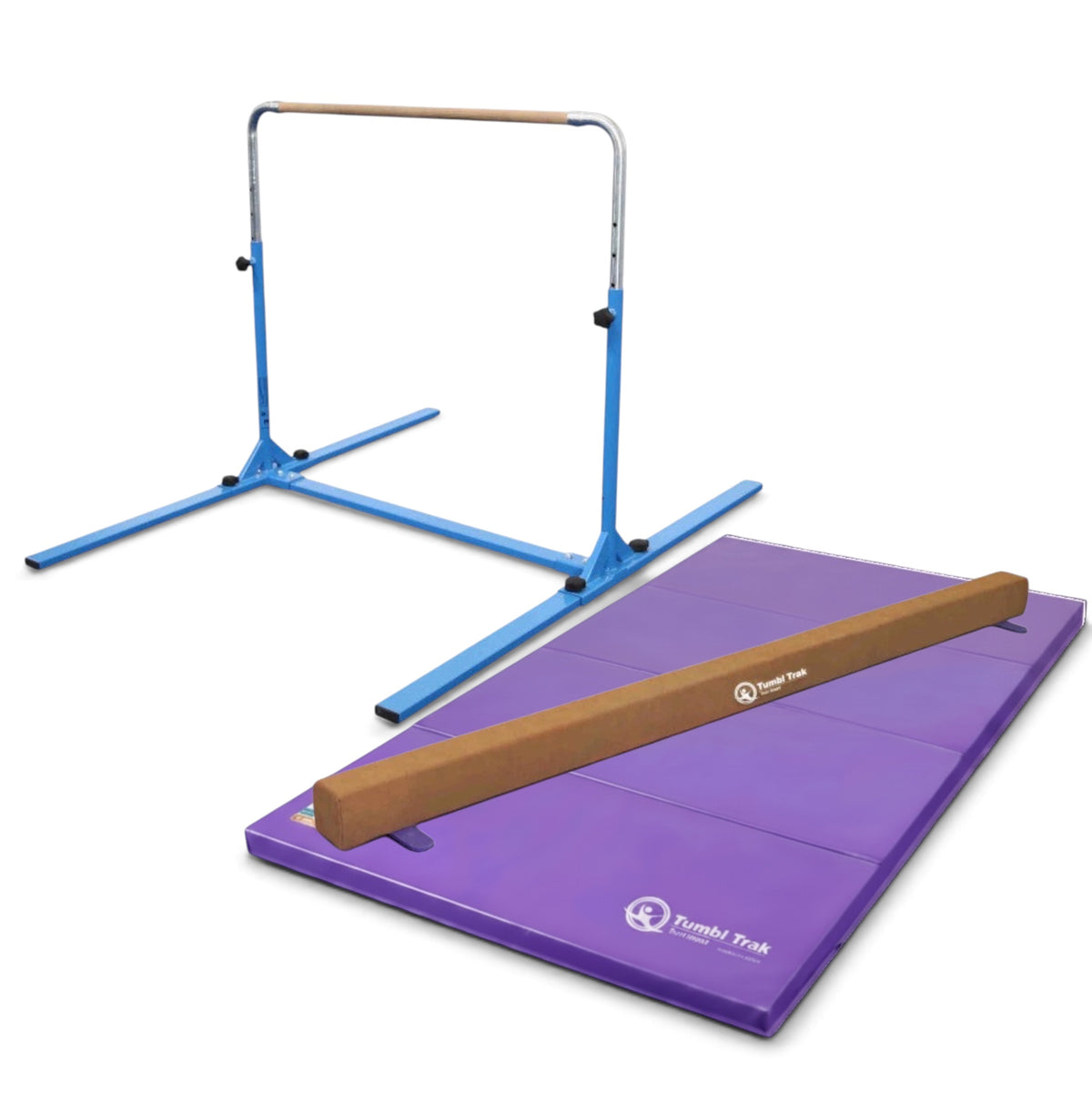 UK Gym Pits home gym essentials package featuring a blue junior bar, purple tumbling mat, and synthetic suede beam.