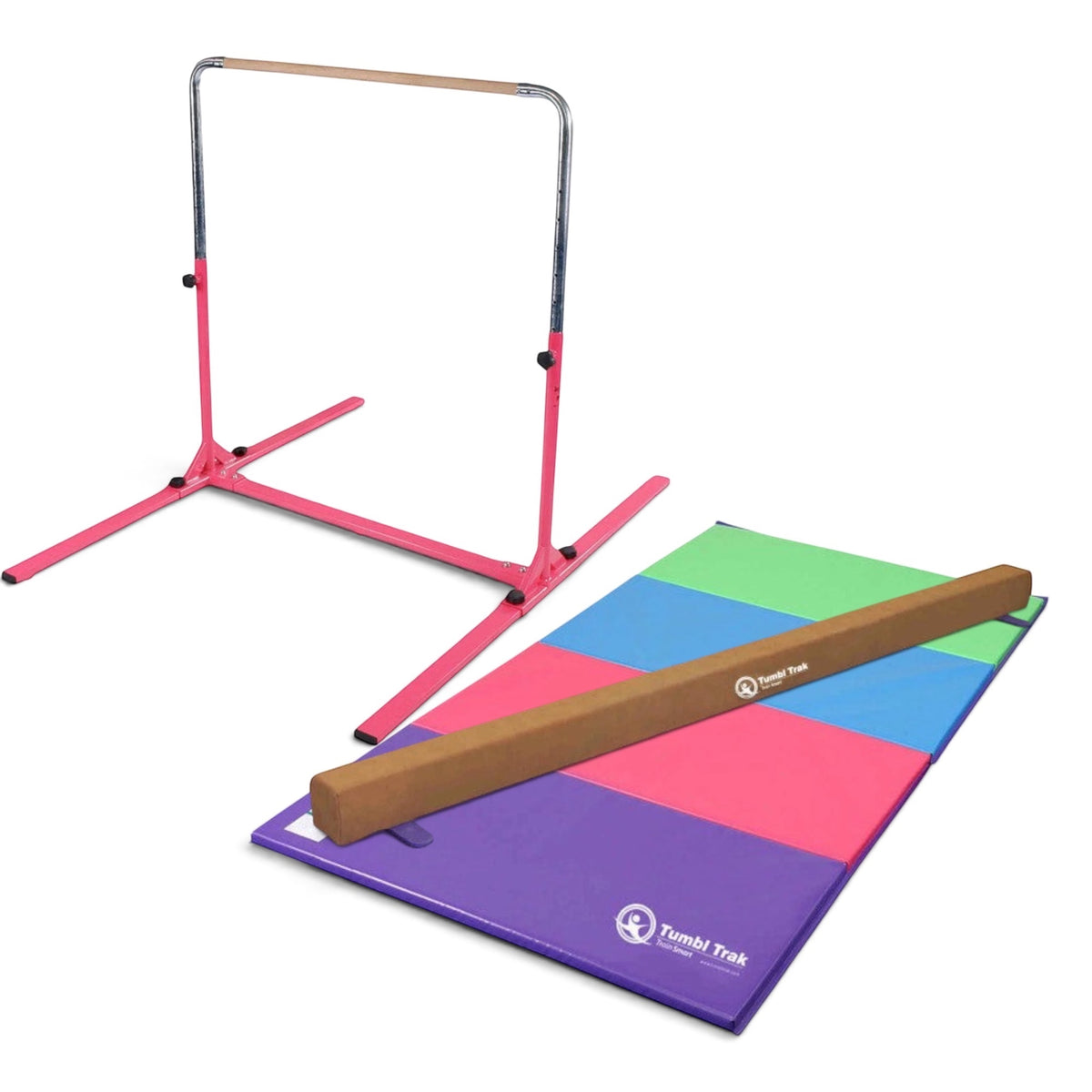 UK Gym Pits home gym essentials package with pink junior bar, suede balance beam, and multi-coloured folding mat.