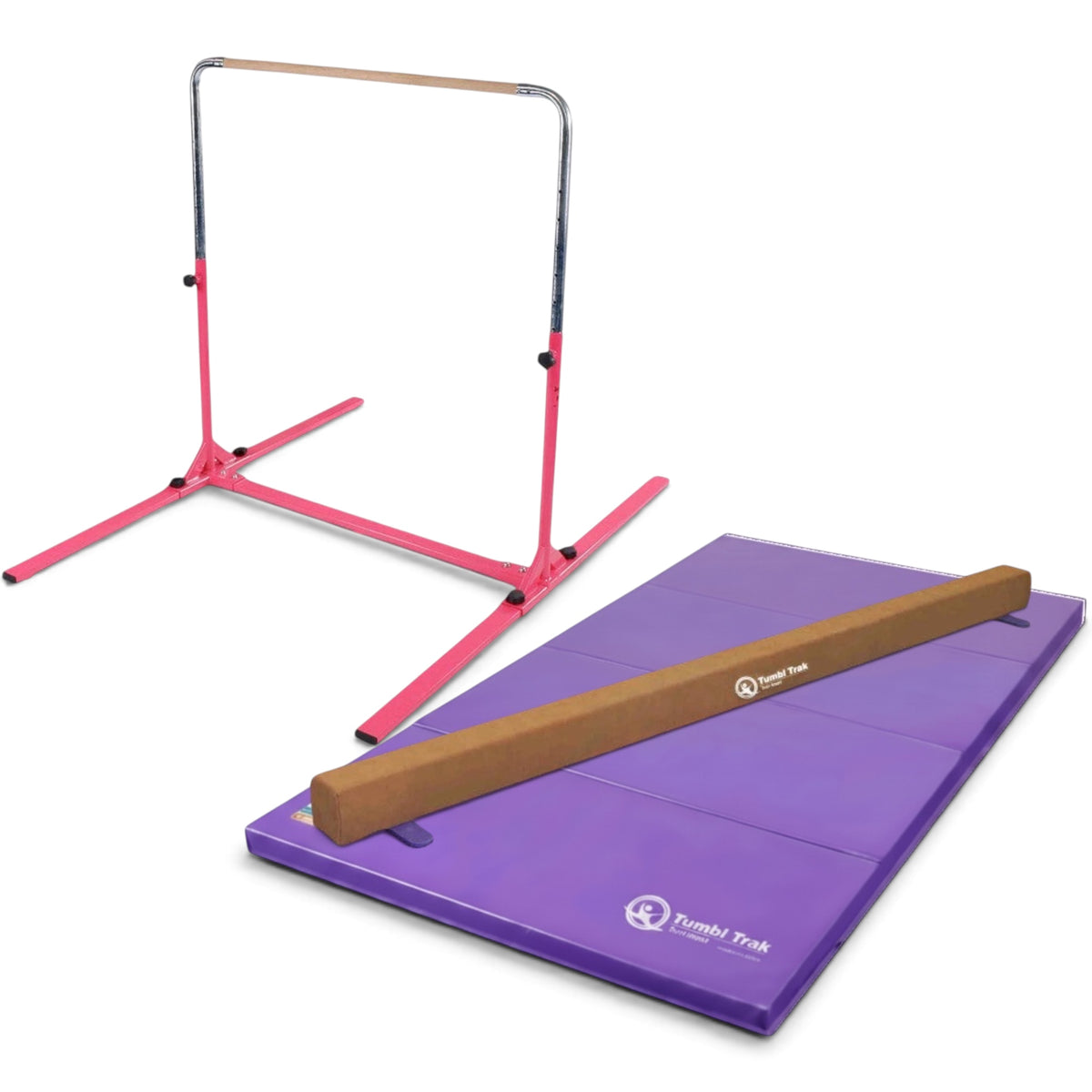 UK Gym Pits home gym essentials package with pink junior bar, purple folding tumbling mat, and suede balance beam.