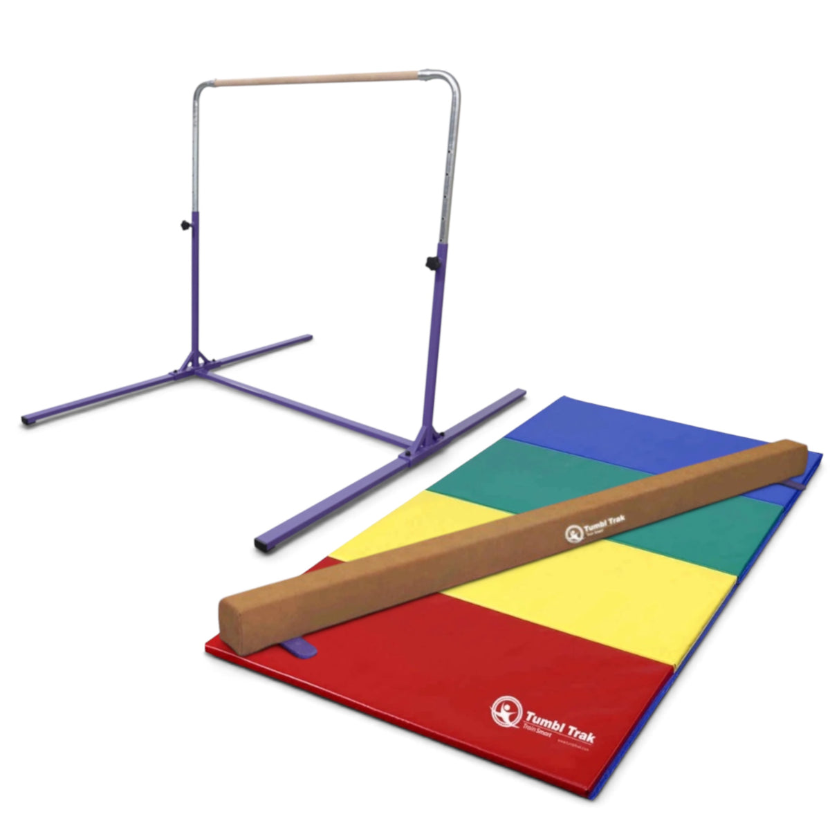 UK Gym Pits home gym essentials package featuring a purple kip bar, suede balance beam, and multi-coloured floor mat.