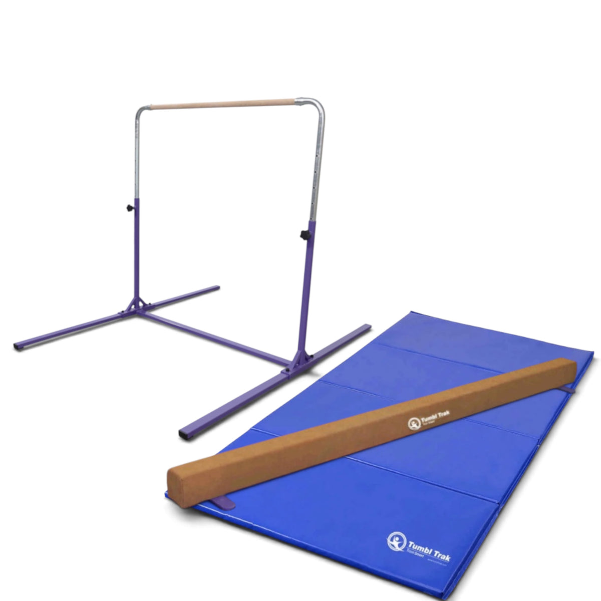 UK Gym Pits home gym essentials package with a purple kip bar, brown suede balance beam, and blue folding floor mat.