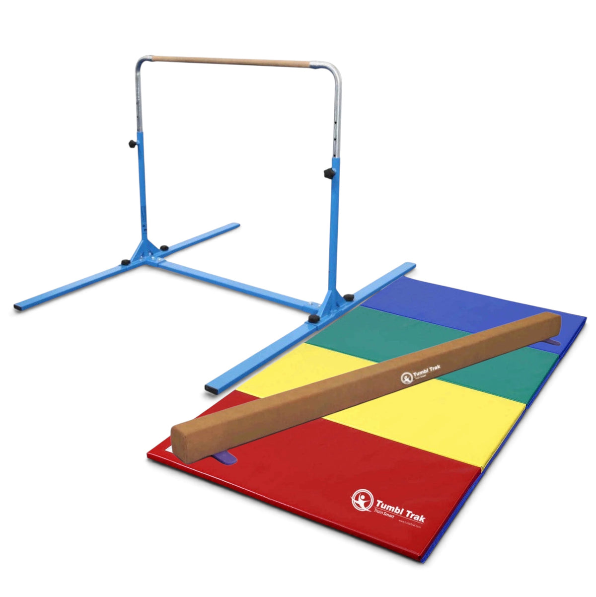 UK Gym Pits home gym essentials package with junior bar, suede balance beam, and colourful folding tumbling mat.