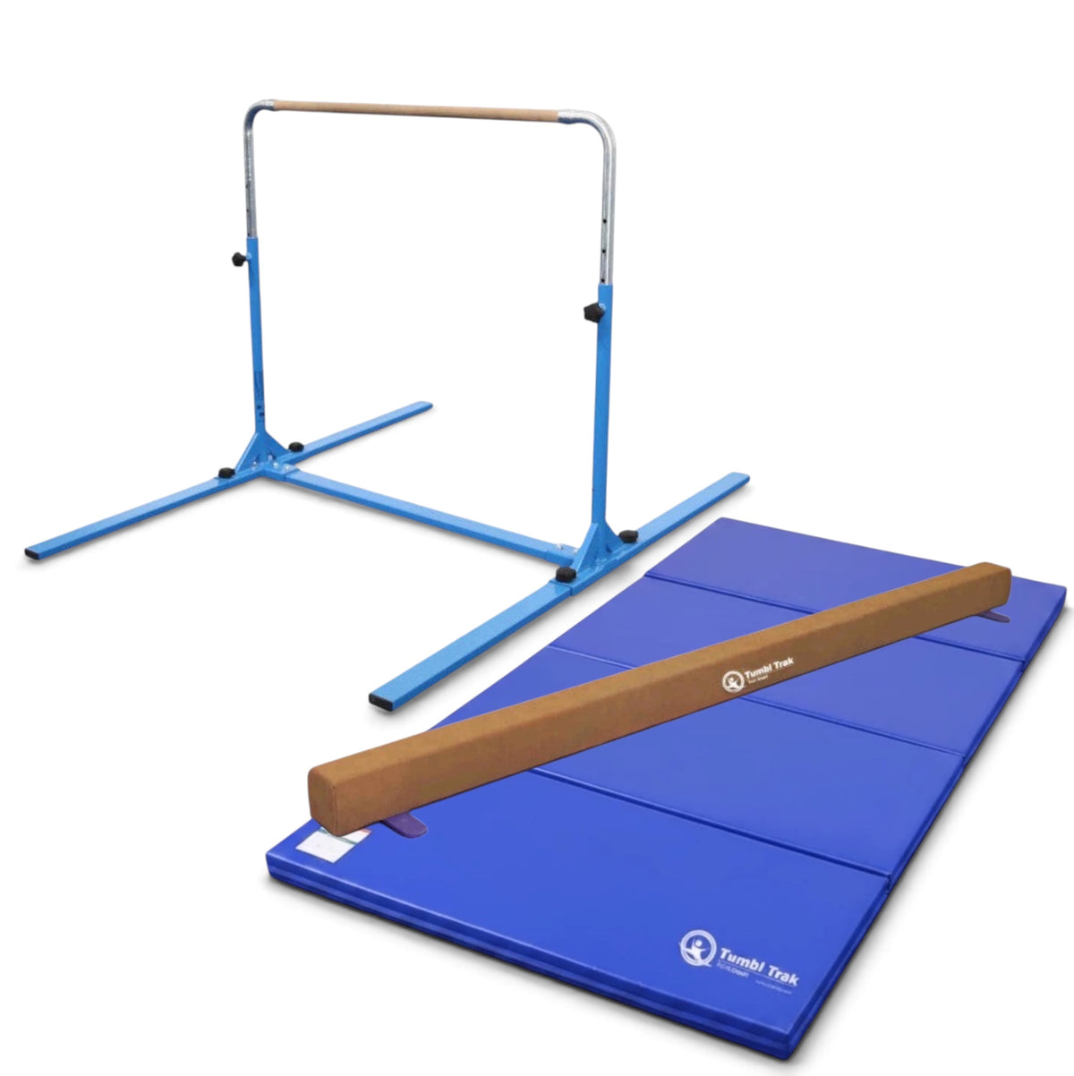 UK Gym Pits home gym essentials package featuring a blue junior bar, brown suede balance beam, and blue tumbling mat.