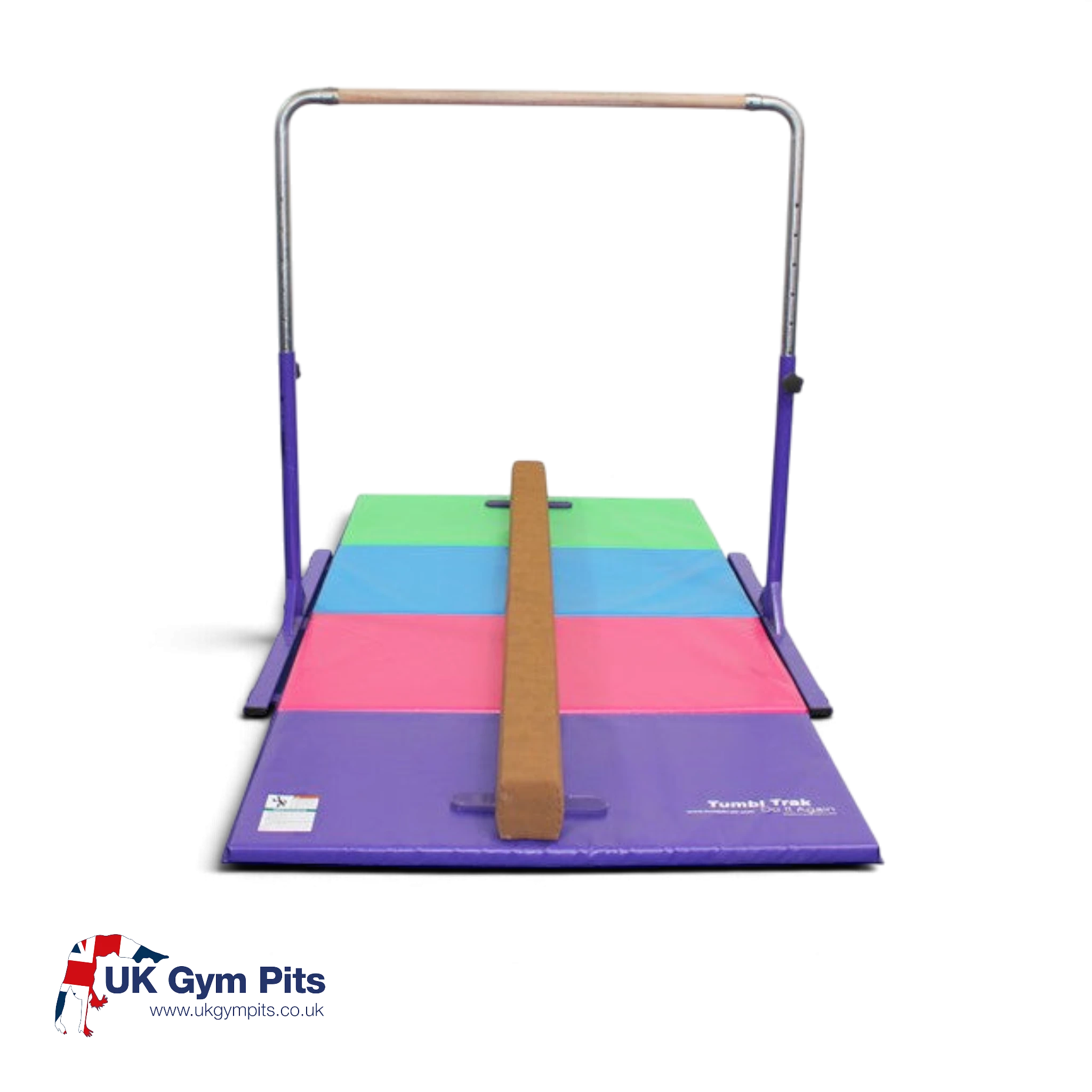 UK Gym Pits home gym essentials package featuring a purple kip bar, suede addie beam, and multi-coloured folding mat.