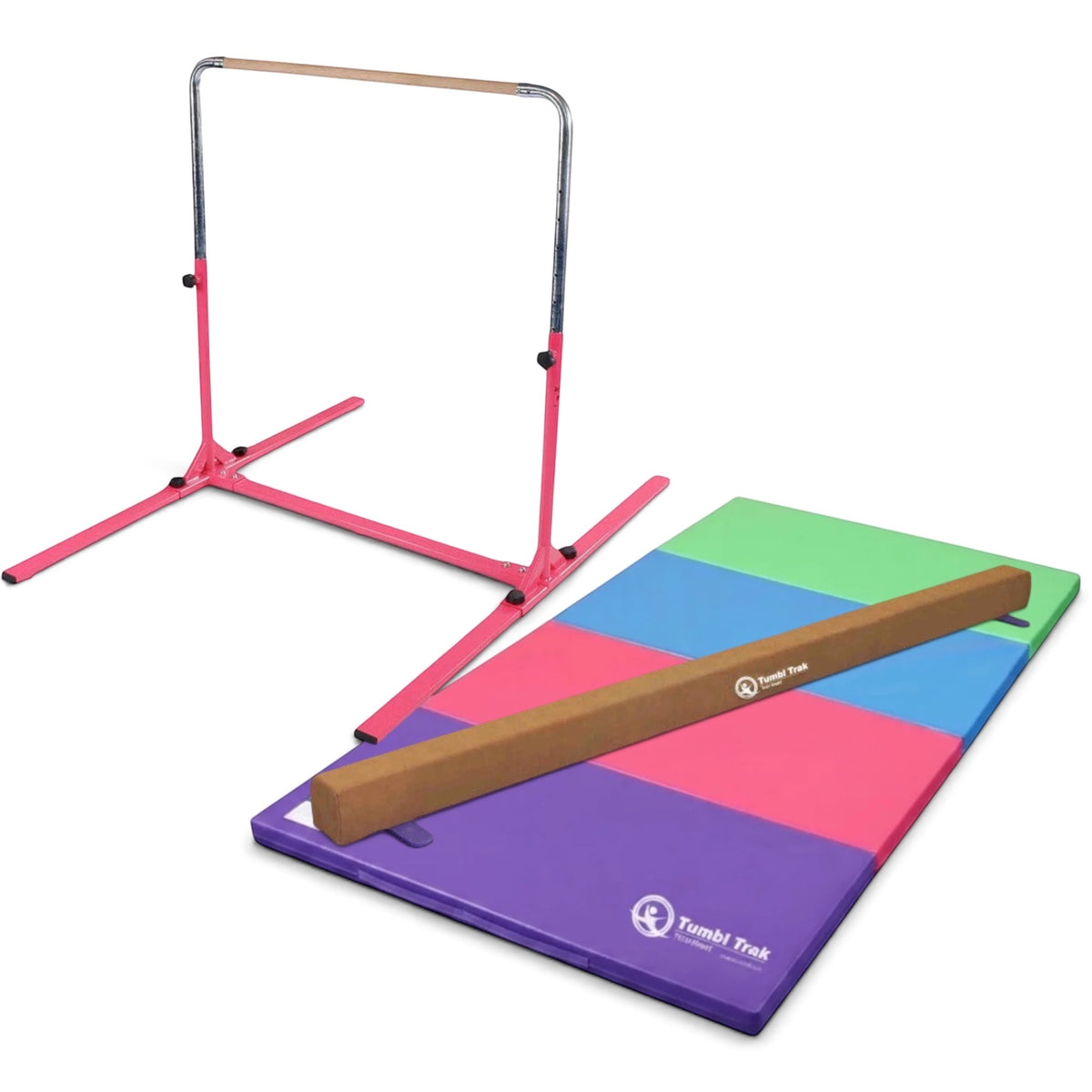 UK Gym Pits home gym essentials package with pink junior bar, suede balance beam, and multi-coloured folding mat.