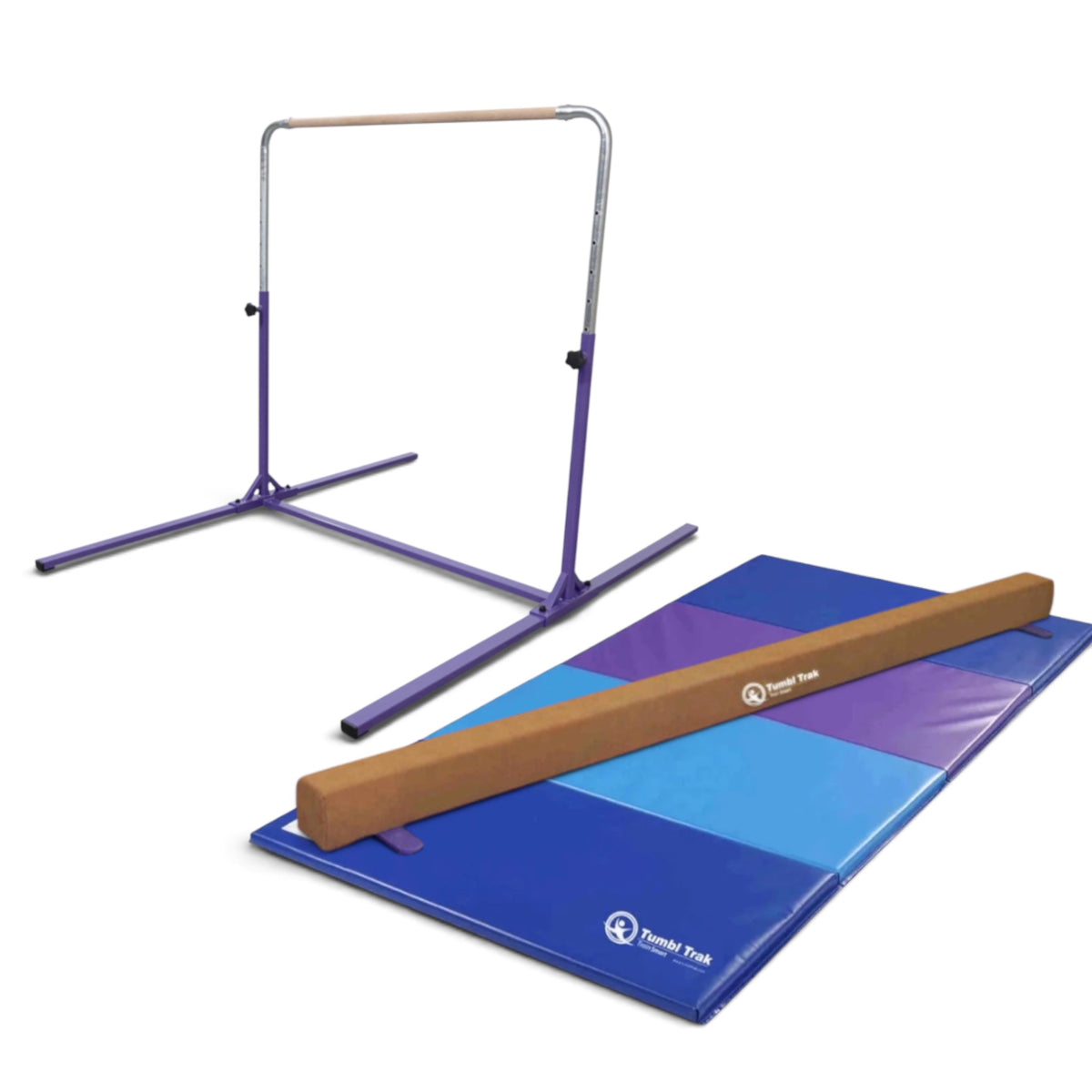 UK Gym Pits home gymnastics package featuring a purple kip bar, synthetic suede balance beam, and folding tumbling mat.