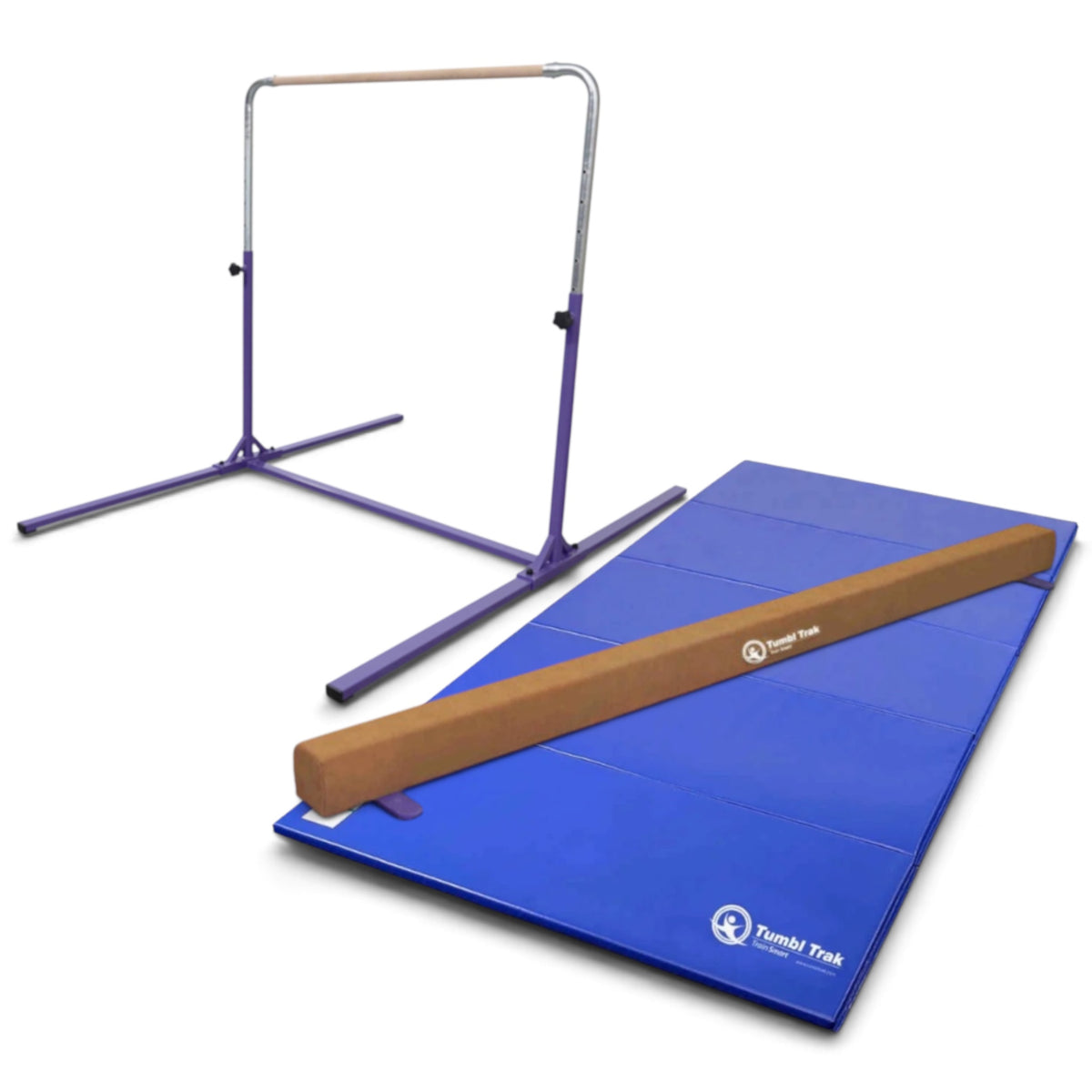 UK Gym Pits home gymnastics package with a purple kip bar, brown suede balance beam, and blue folding tumbling mat.