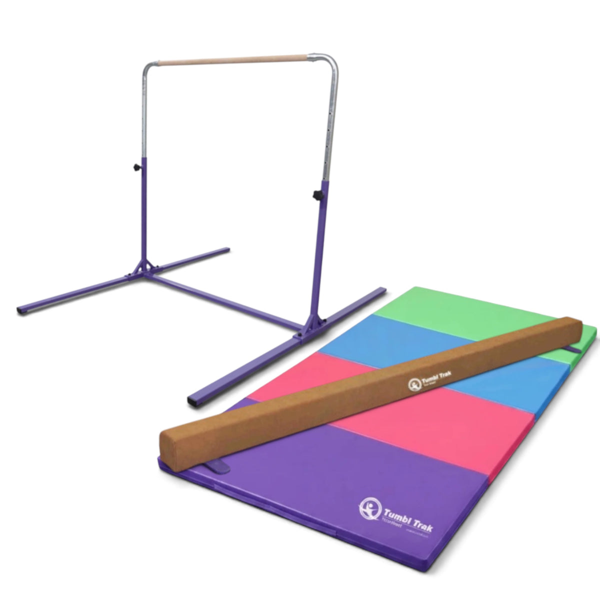 UK Gym Pits home gymnastics package featuring a purple kip bar, suede balance beam, and a colorful folding mat.