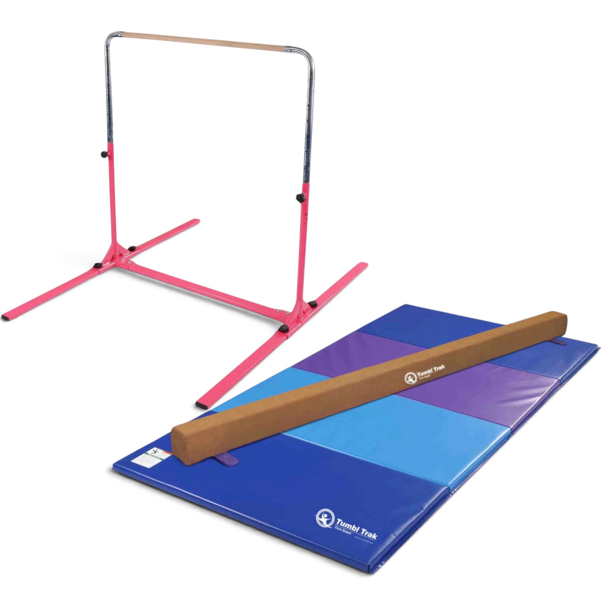 UK Gym Pits home gymnastics set with pink junior bar, brown suede balance beam, and blue folding tumbling mat.