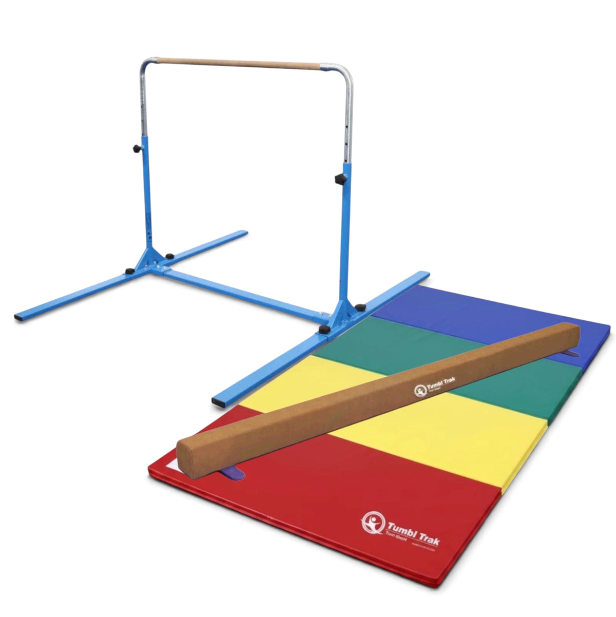 UK Gym Pits home gymnastics set featuring a blue junior bar, a suede balance beam, and a multi-coloured folding mat.
