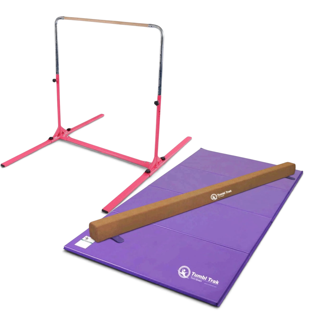 UK Gym Pits home gymnastics set with pink junior bar, purple folding tumbling mat, and brown synthetic suede beam.
