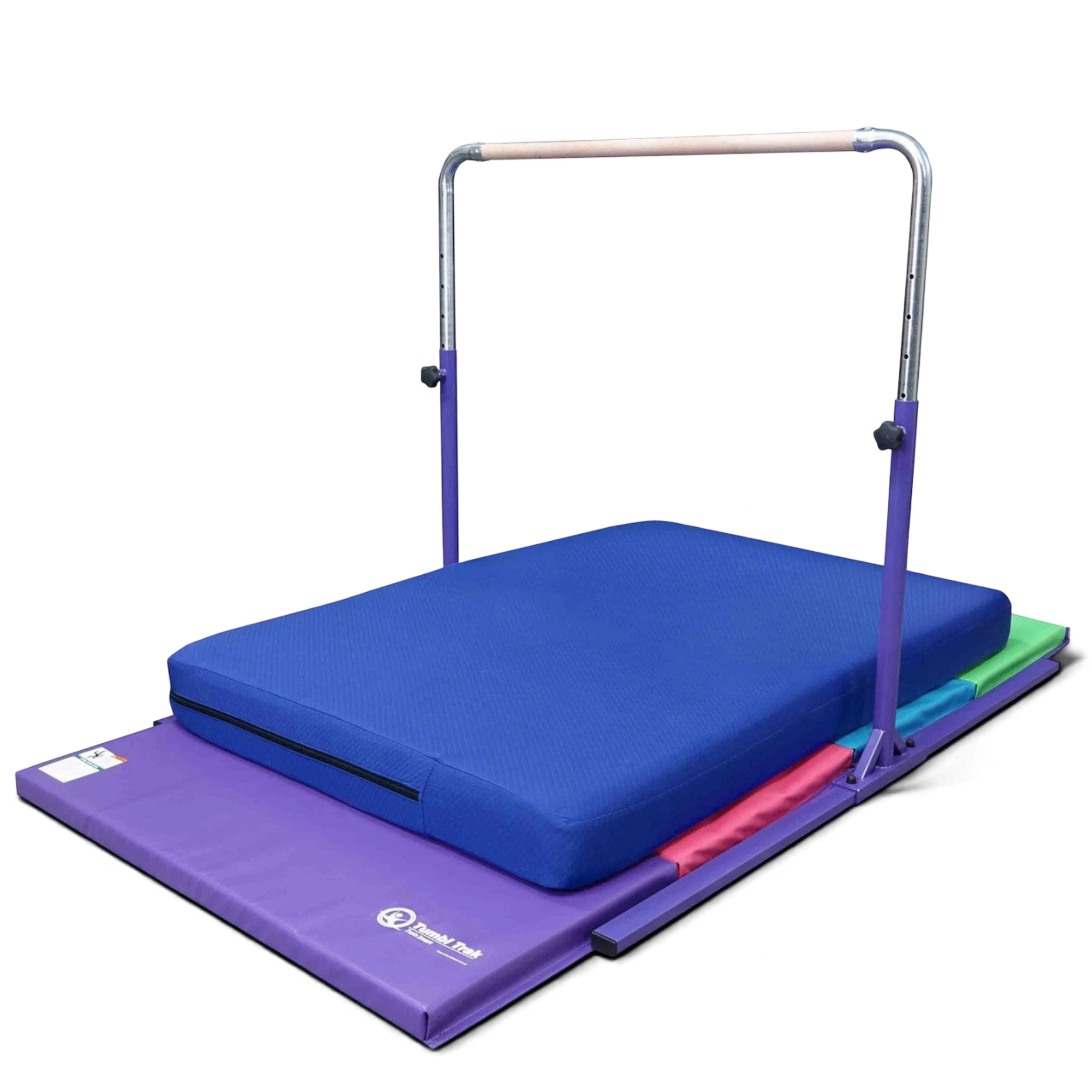 UK Gym Pits home gymnastics training package with a purple adjustable kip bar, blue practice mat, and folding mat.