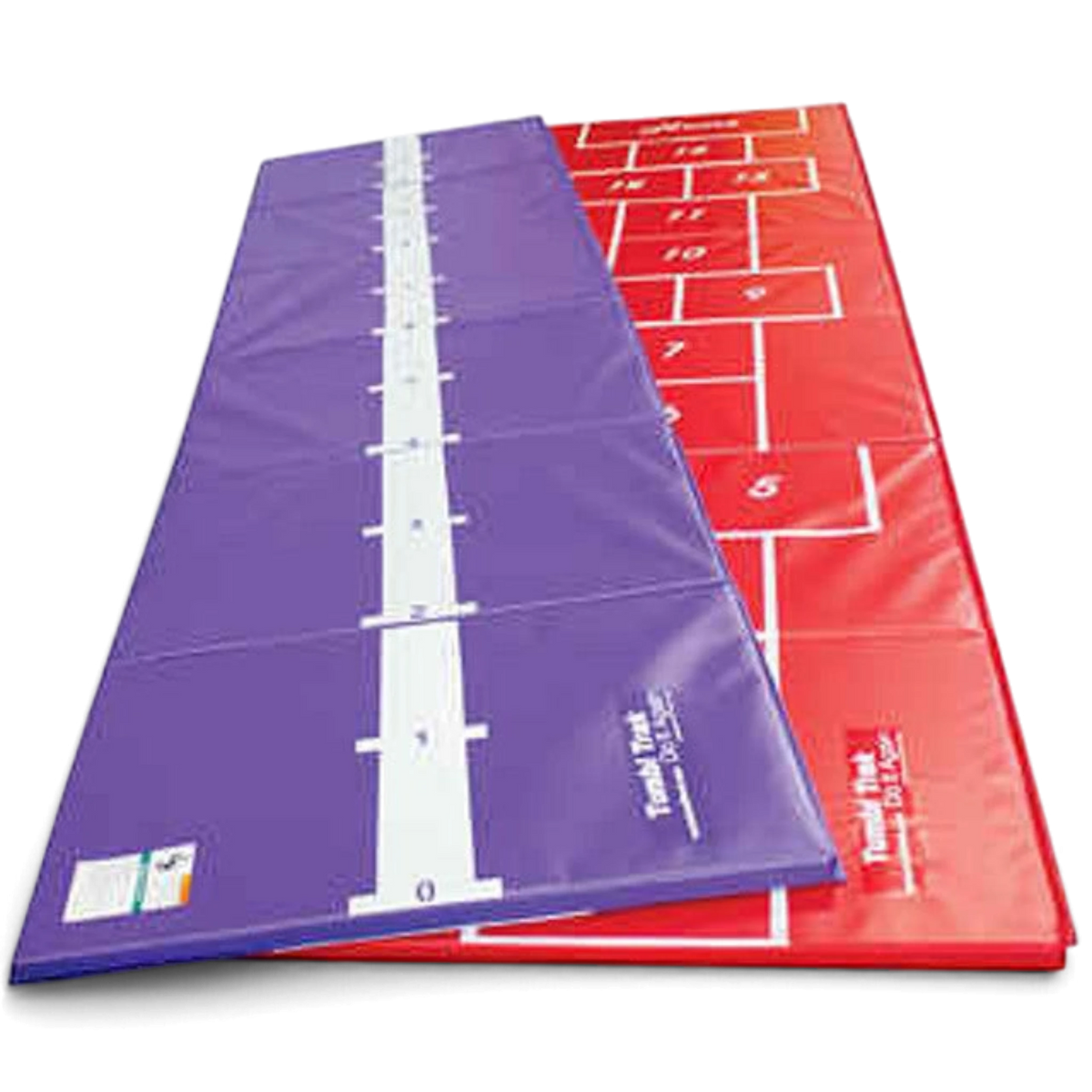 UK Gym Pits hopscotch and beam training mats in purple and red vinyl with white markings for gymnastics practice