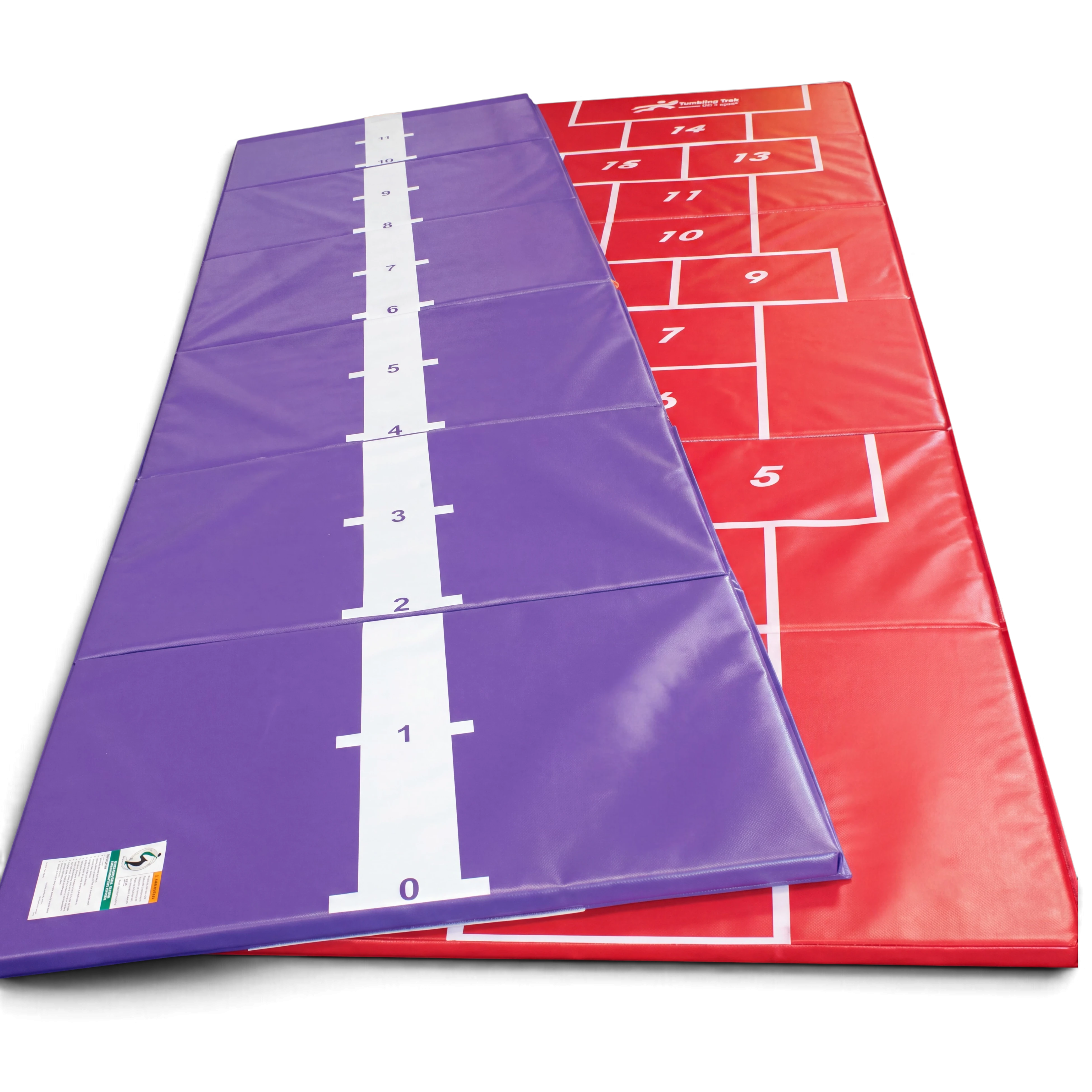 UK Gym Pits hopscotch mat with a purple beam training side and a red hopscotch game side, made of durable vinyl.