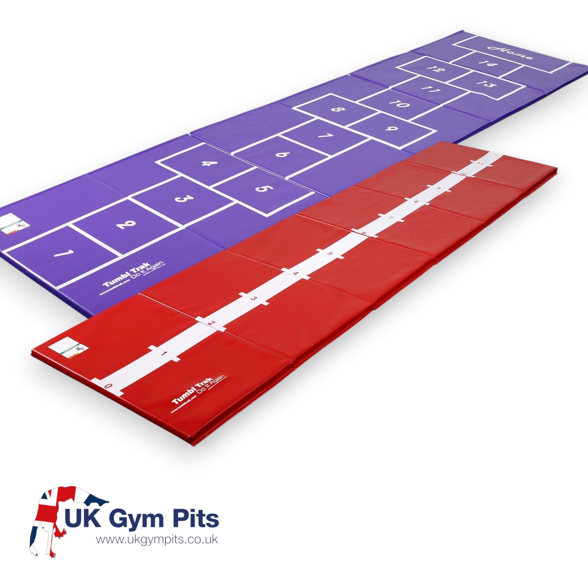 UK Gym Pits hopscotch and tumbling mats in purple and red vinyl with numbered squares and beam practice markings.