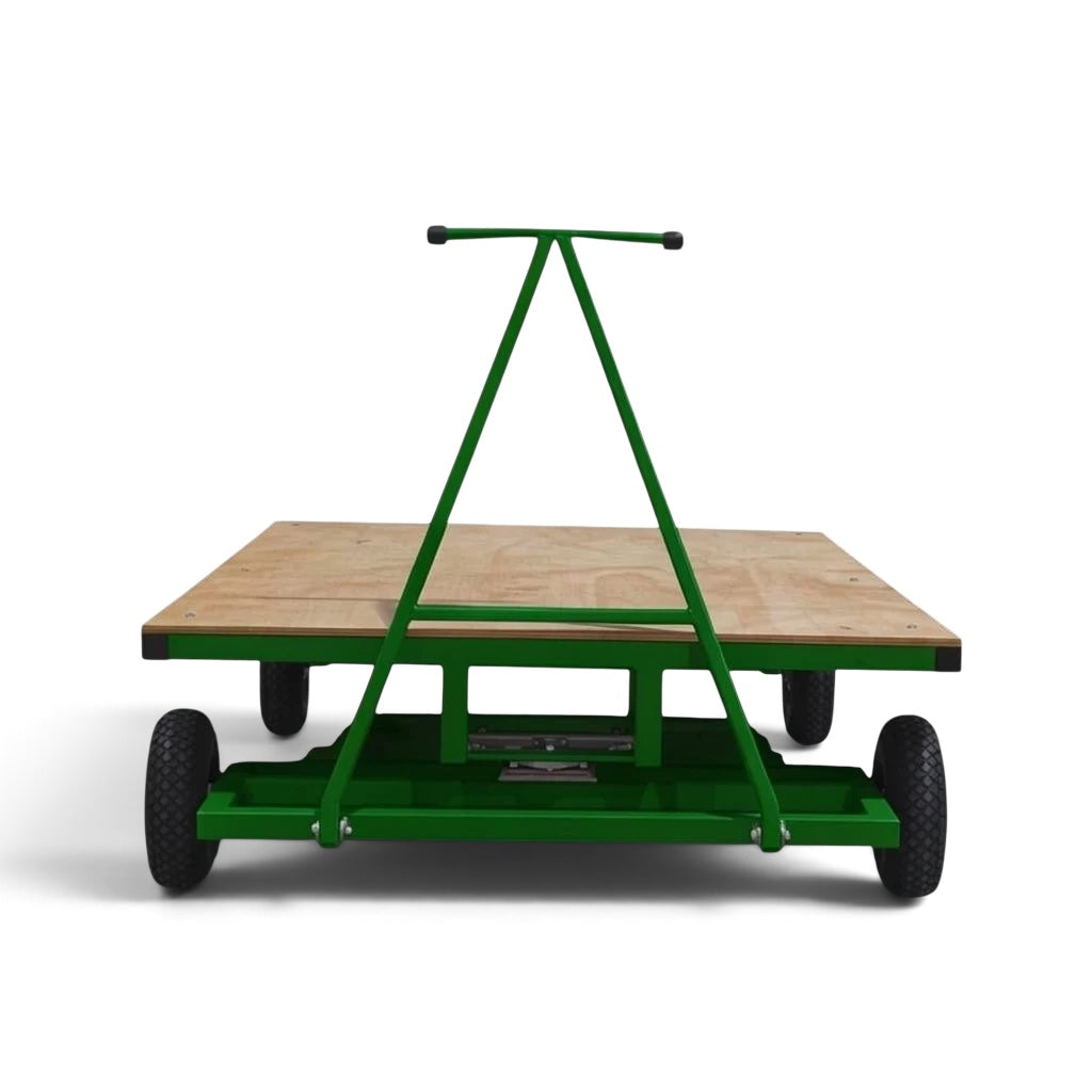 UK Gym Pits heavy duty horizontal mat trolley with a green steel frame, timber bed, and large pneumatic tyres.