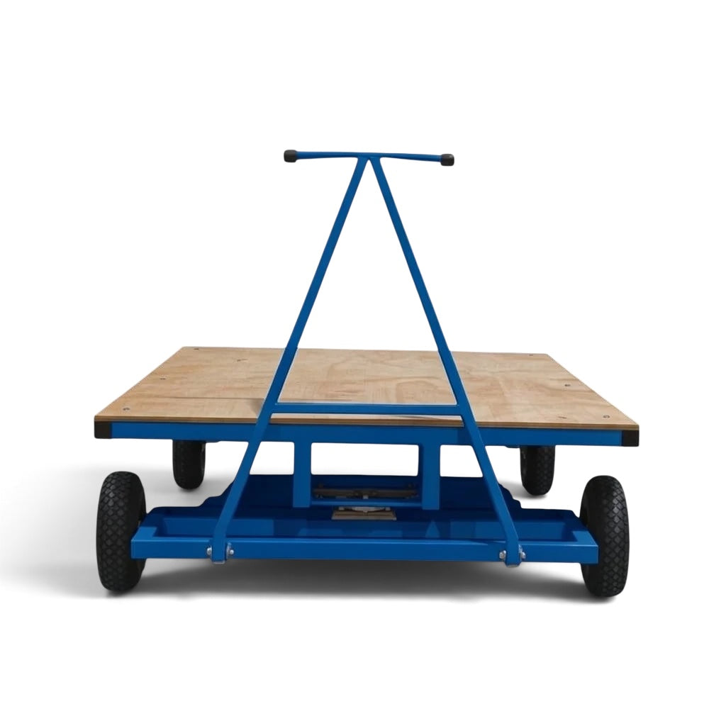 UK Gym Pits heavy duty horizontal mat trolley with a blue steel frame, timber bed, and large pneumatic tyres.