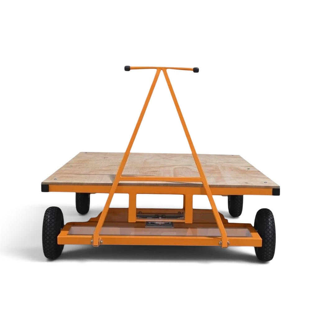 UK Gym Pits heavy duty horizontal mat trolley with an orange steel frame, timber bed, and pneumatic tyres.
