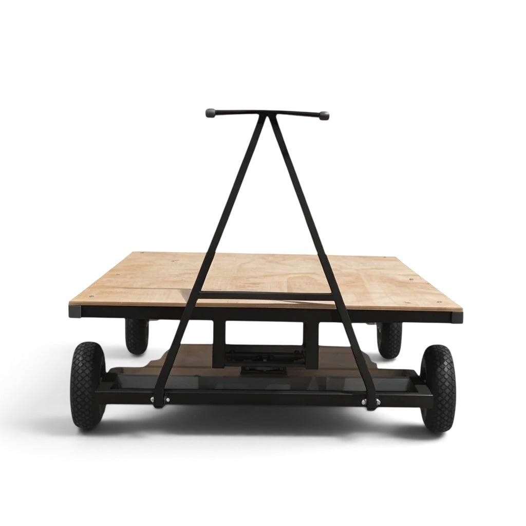 UK Gym Pits heavy duty horizontal mat trolley with a timber bed, black steel frame, and large pneumatic tyres.