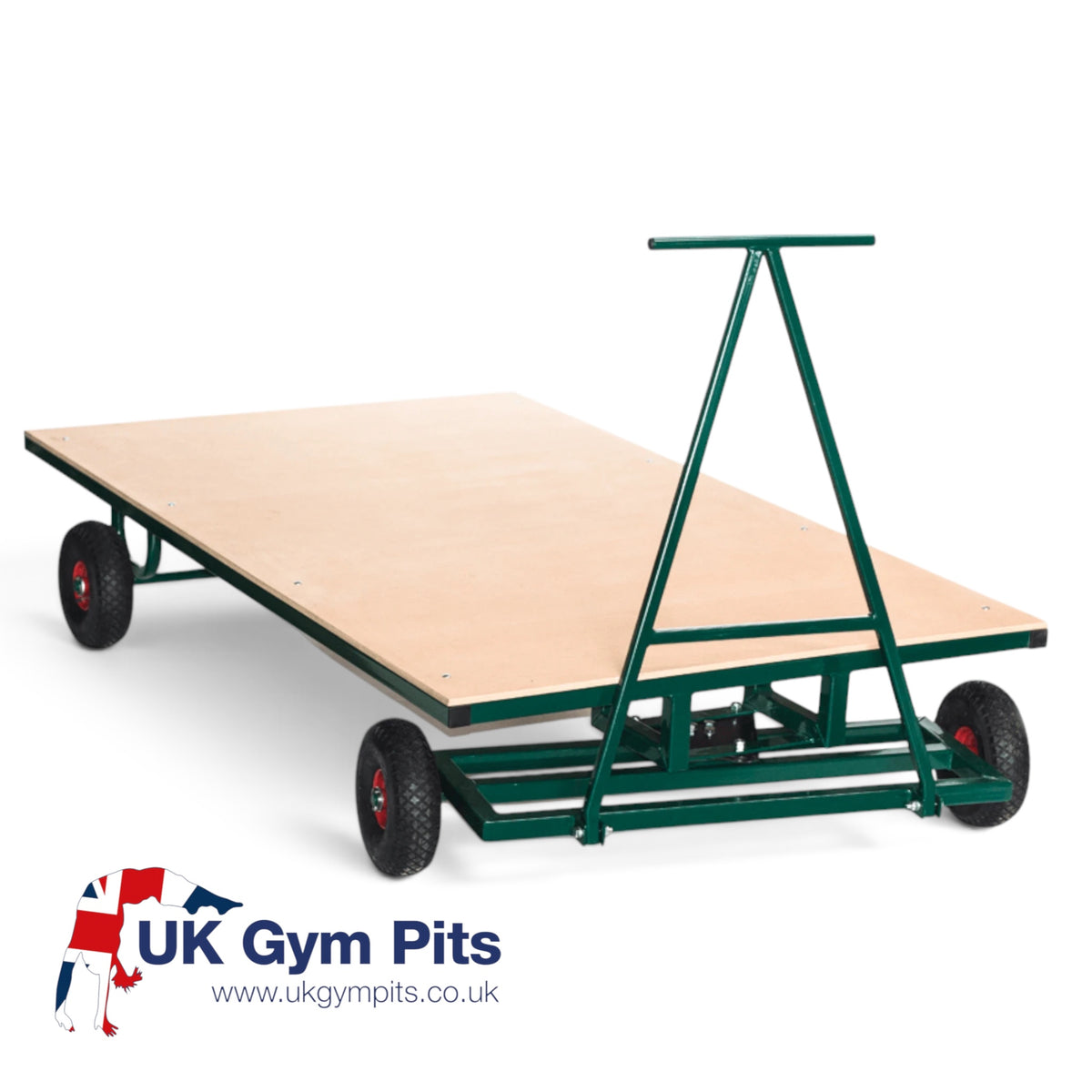 UK Gym Pits heavy duty horizontal mat trolley with a green steel frame, timber bed, and large pneumatic tyres.