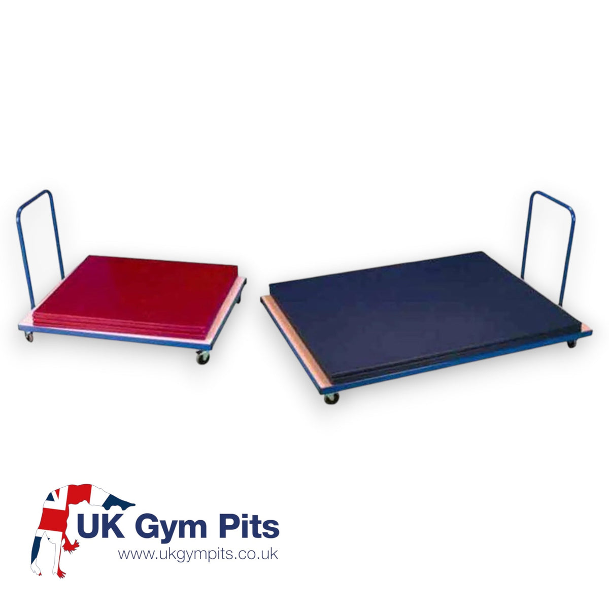 UK Gym Pits small and large horizontal mat trolleys with heavy duty castors and detachable handles for gym storage.
