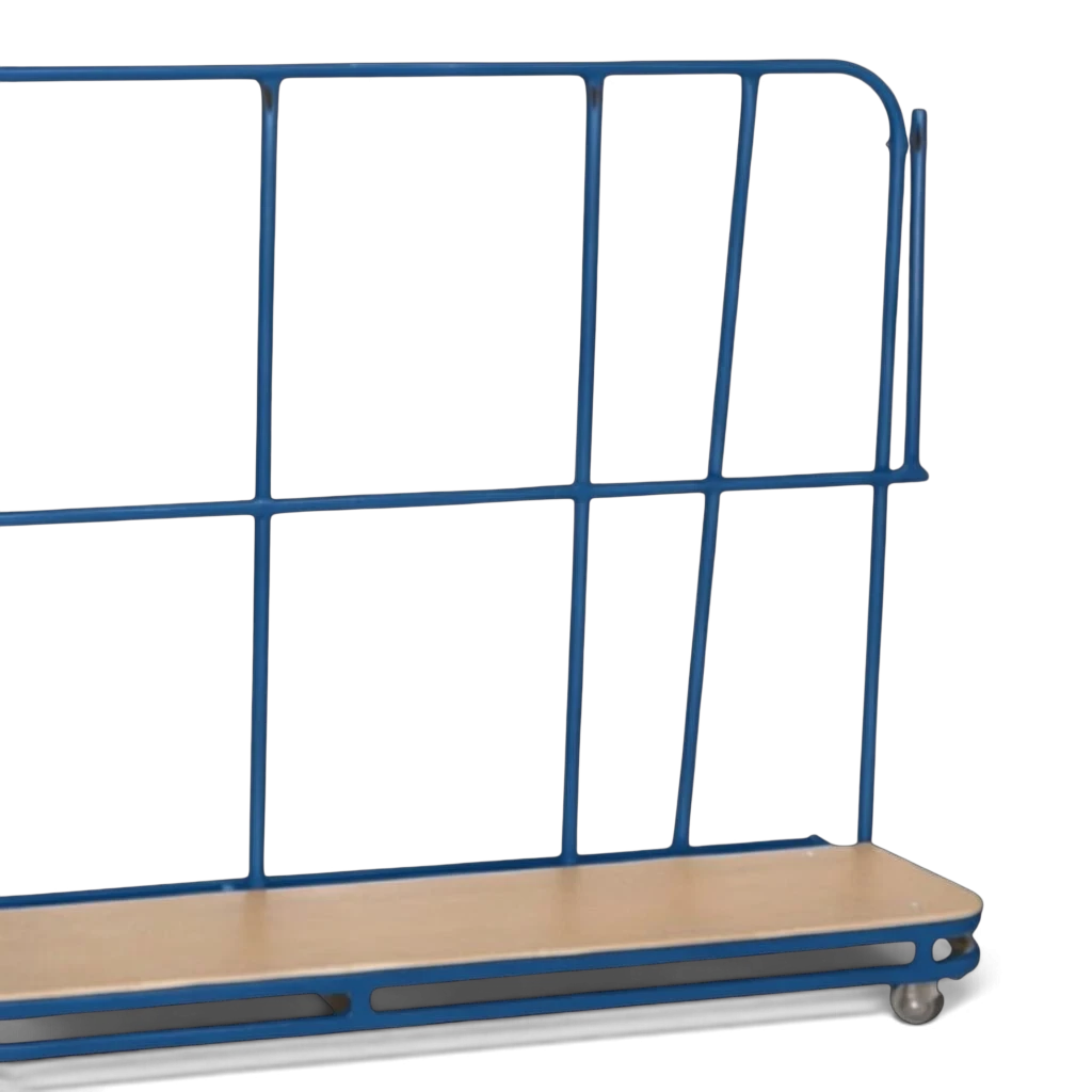 UK Gym Pits inclined vertical mat trolley with a blue metal frame and wooden base for gym equipment storage