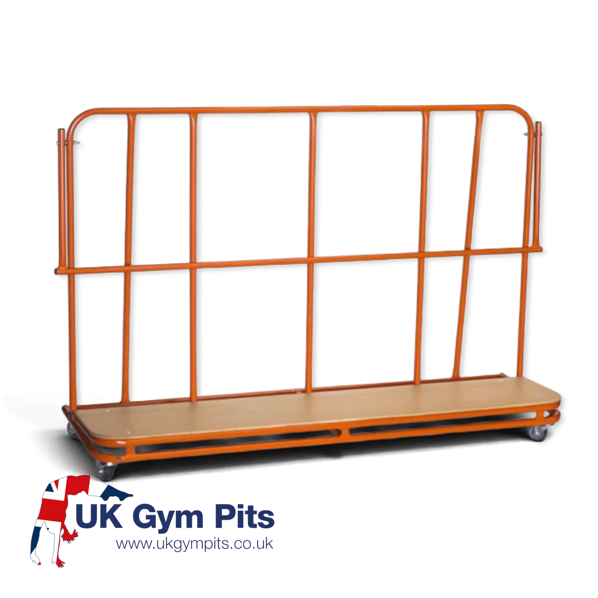 UK Gym Pits inclined vertical mat trolley with an orange metal frame and wooden base on heavy-duty non-marking castors